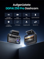 DDPAI Z50 Pro Dashcam Auto Vorne Hinten 4K+1080P, Echtes 4K AI-ISP Nachtsicht Dash Cam, Autokamera mit 64GB Karte, 4G LTE Support, 5GHz WiFi 6 GPS, 48H Parküberwachung, 3" IPS-Display, G-Sensor, ADAS