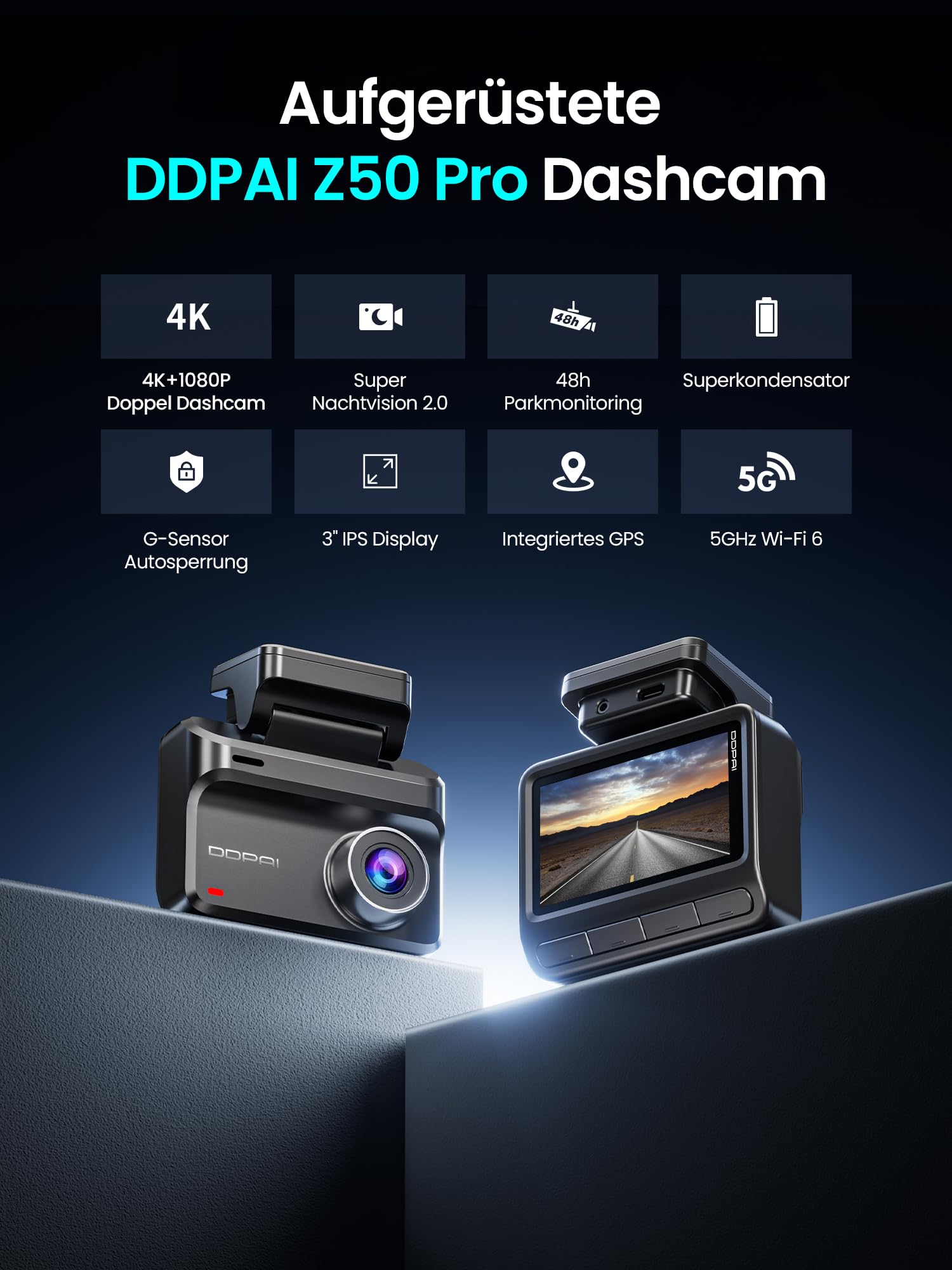 DDPAI Z50 Pro Dashcam Auto Vorne Hinten 4K+1080P, Echtes 4K AI-ISP Nachtsicht Dash Cam, Autokamera mit 64GB Karte, 4G LTE Support, 5GHz WiFi 6 GPS, 48H Parküberwachung, 3" IPS-Display, G-Sensor, ADAS