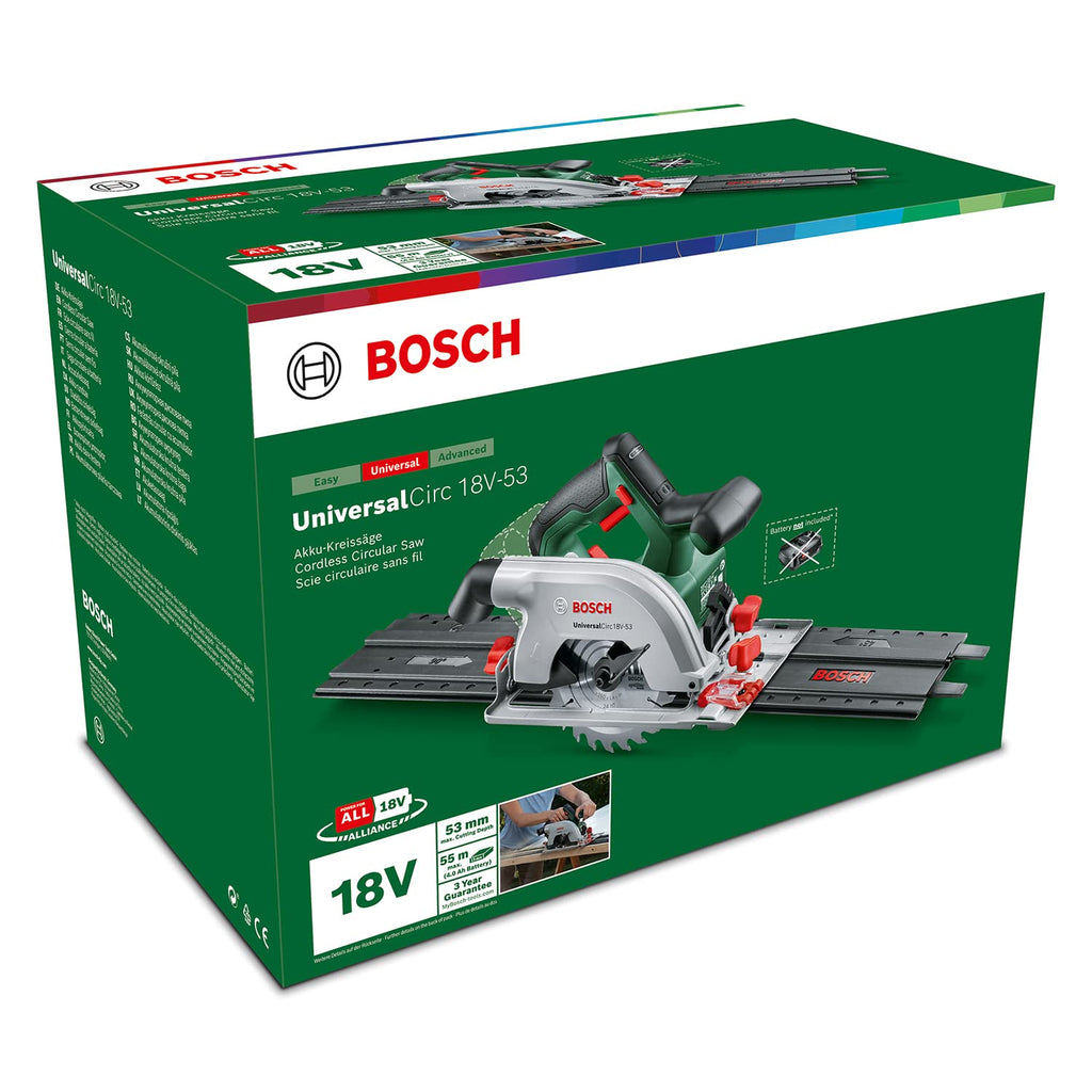 Bosch Akku-Kreissäge UniversalCirc 18V-53 (Präzises Sägen in jedem Holzmaterial; max. Schnitttiefe 53 mm; 2 tlg. Führungsschienenset; 18 Volt System; ohne Akku) – Amazon Edition
