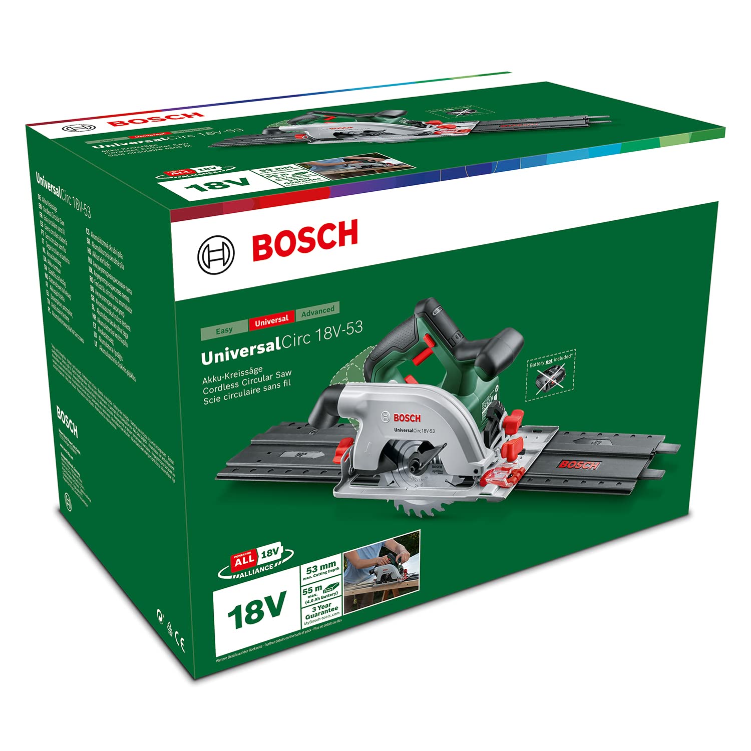Bosch Akku-Kreissäge UniversalCirc 18V-53 (Präzises Sägen in jedem Holzmaterial; max. Schnitttiefe 53 mm; 2 tlg. Führungsschienenset; 18 Volt System; ohne Akku) – Amazon Edition