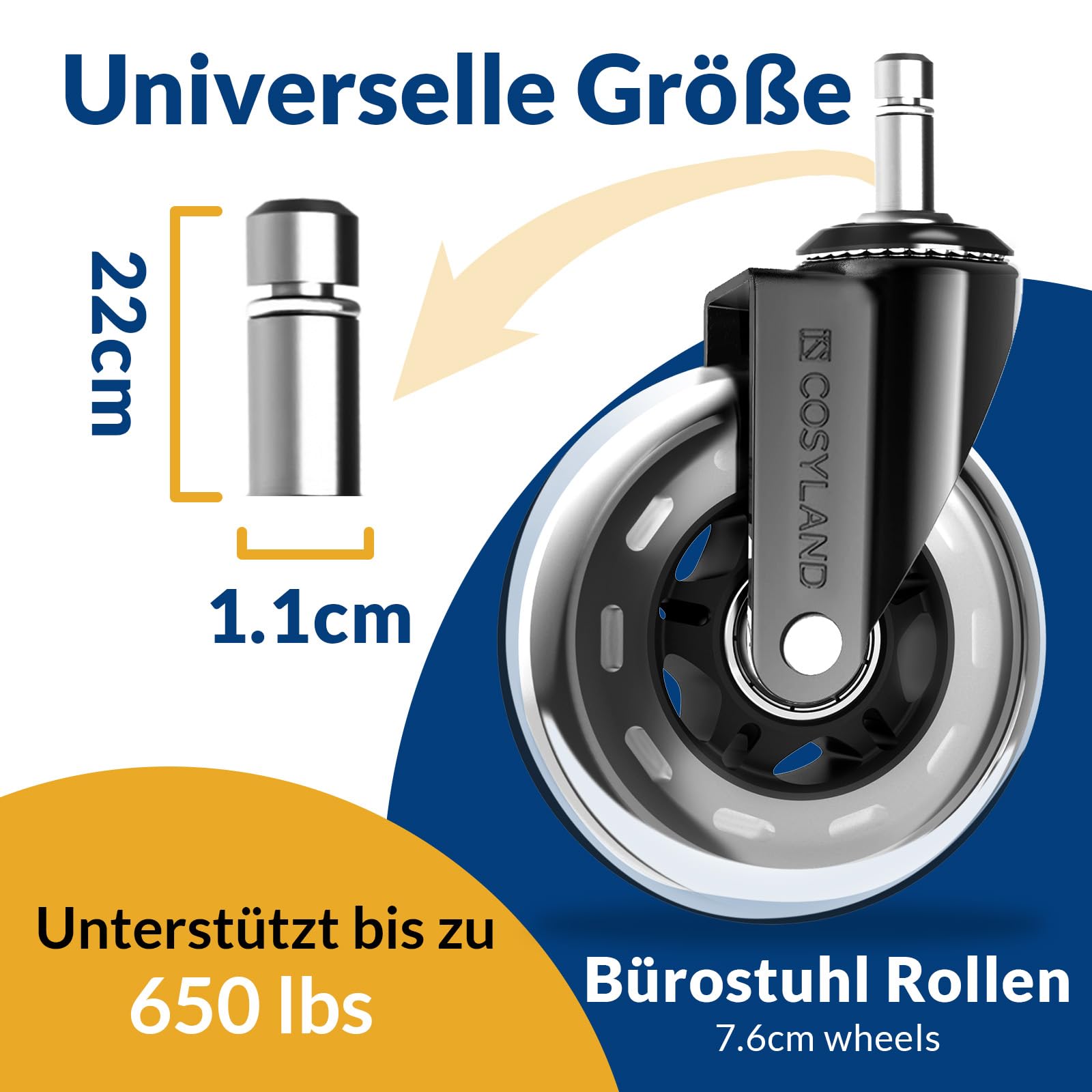COSYLAND Bürostuhl Rollen 5er Set, 11mm x 22 mm Rollen für Bürostühle, Strapazierfähige Bürostuhl Rollen Parkett, Sehr leise Schreibtischstuhl rollen, Passend für 99% aller Bürostühle