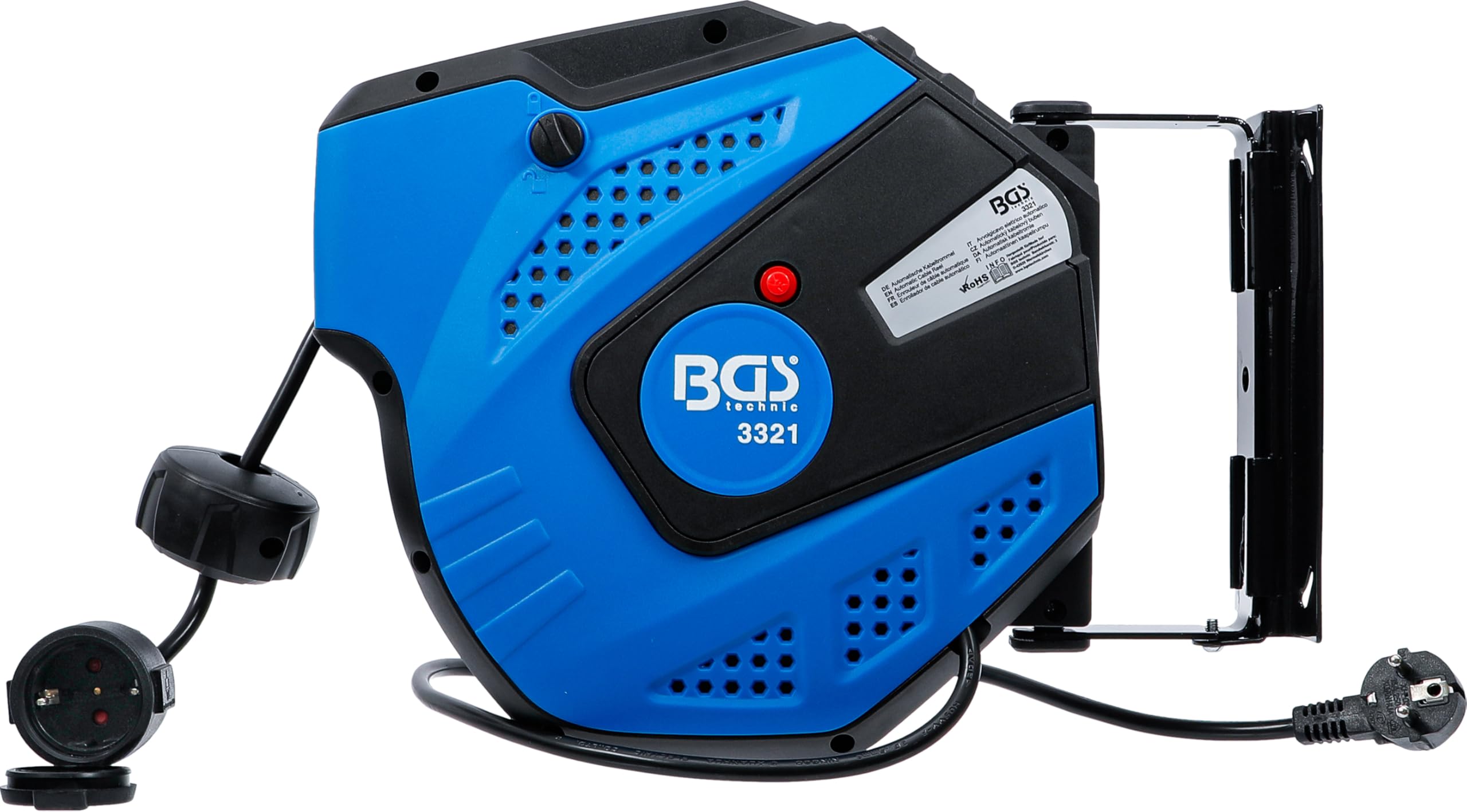 BGS 3321 | Automatische Kabeltrommel | 15 m + 1 m Zuleitung | 180° seitlich schwenkbar | inkl. Montagehalter