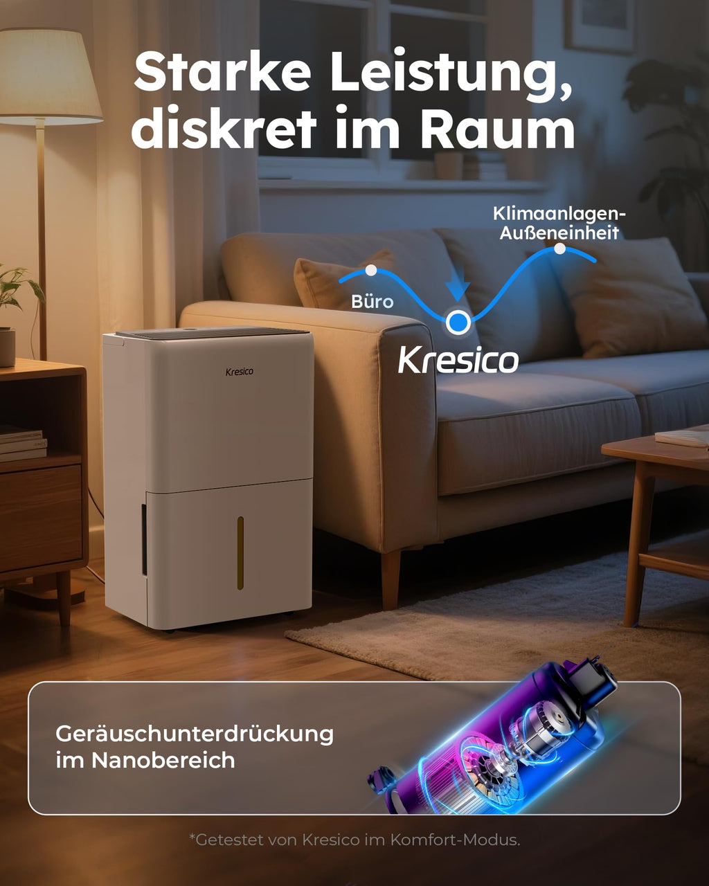 Kresico Luftentfeuchter elektrisch 50L, Entfeuchter elektrisch, Luftentfeuchter Keller für Räume bis zu 320m³/125m², Raumentfeuchter elektrisch mit Ablaufschlauch, Filter, Timer, 10 J. Gar.