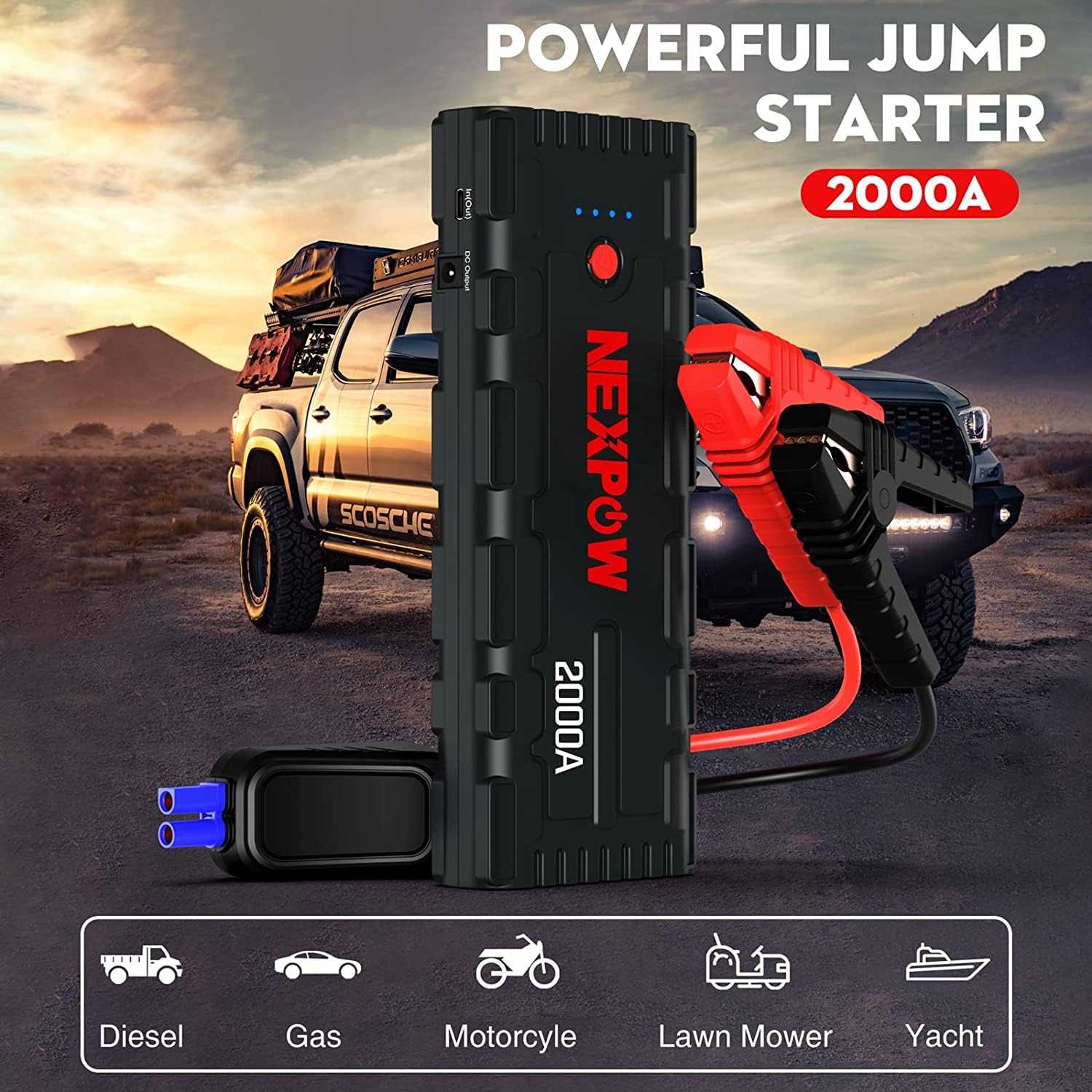 NEXPOW Starthilfe Powerbank, 2000A Spitzenstrom Auto Starthilfe, 12V Tragbarer Batterie Booster mit USB-Schnellladung 3.0 (bis zu 7,0L Benzin oder 6,5L Diesel) Safe Batteriestarter LED-Licht (schwarz)