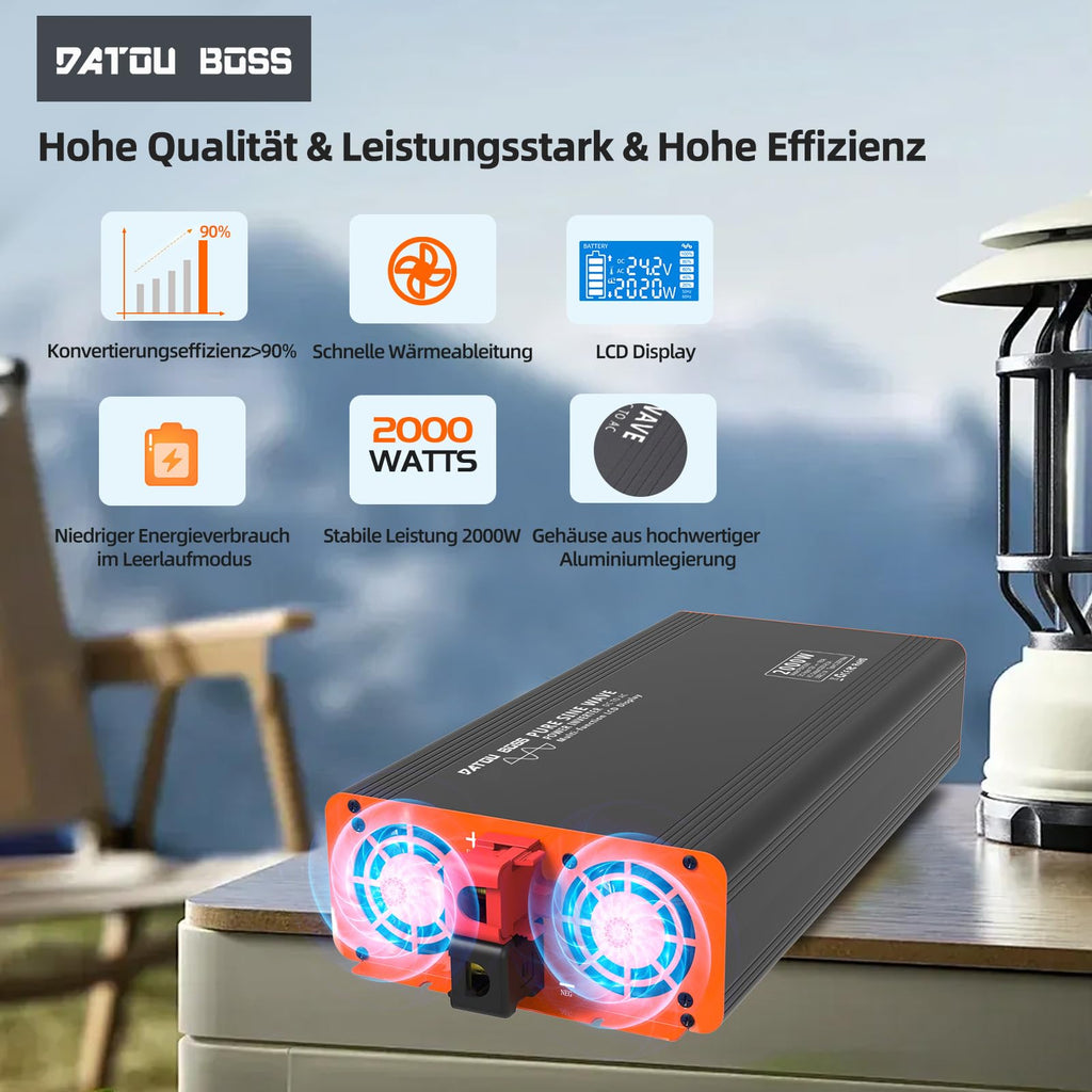 DATOUBOSS 2000W/4000W Spannungswandler 24v auf 230v Reiner Sinus Wechselrichter Power Inverter mit EU Steckdosen, USB/Type-C und LCD Anzeige, Umwandler Stromwandler für LKW Camping Haushaltsgeräten