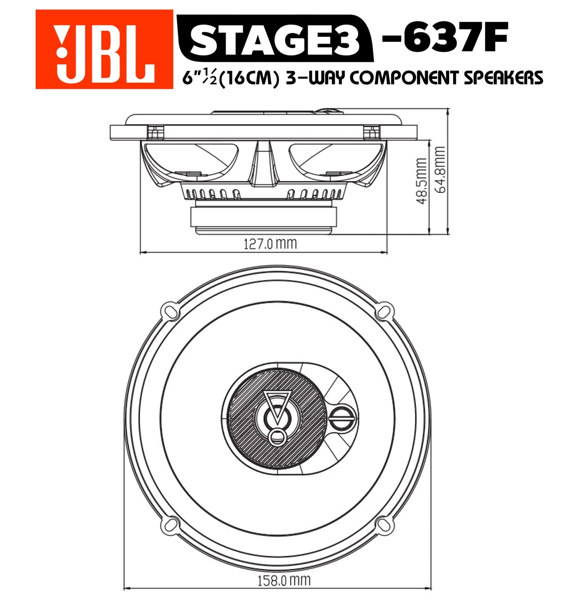 JBL Stage3 637F 3-Wege Auto Lautsprecher Set von Harman Kardon - 225 Watt Autolautsprecher - 2 stück Car HiFi Box groß 16cm - 165mm - 6,5 Zoll ohne Grille Abdeckung