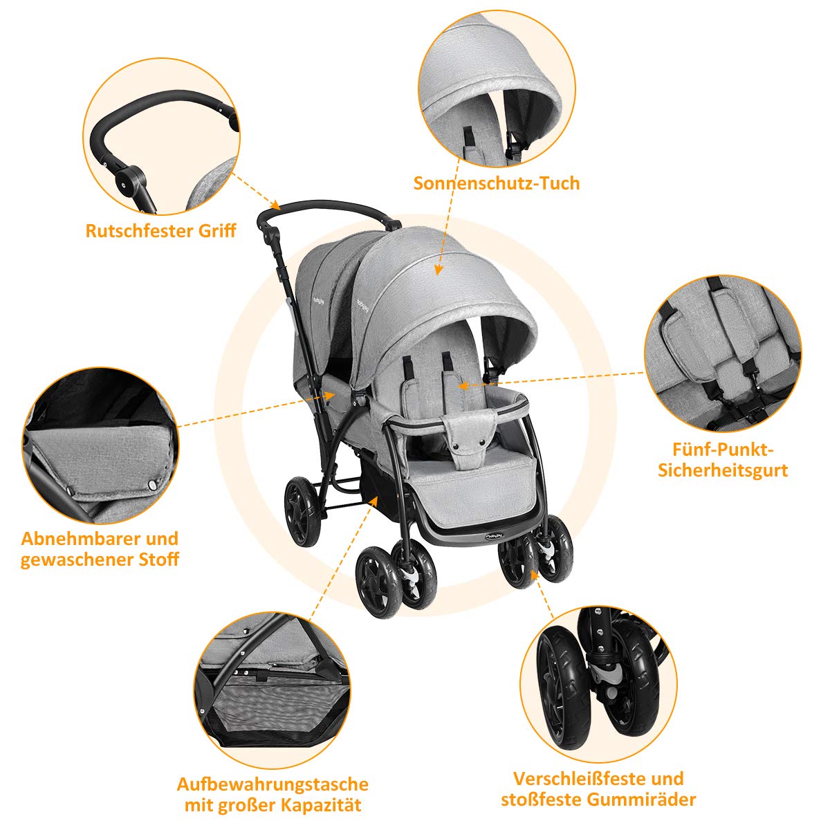 GOPLUS Geschwisterwagen Zwillingswagen, Kinderbuggy Klappbar, Buggy Zwilinge, Kinderwagen Babybuggy, Babywagen Grau, für Babys ab 6 Monate (Grau)