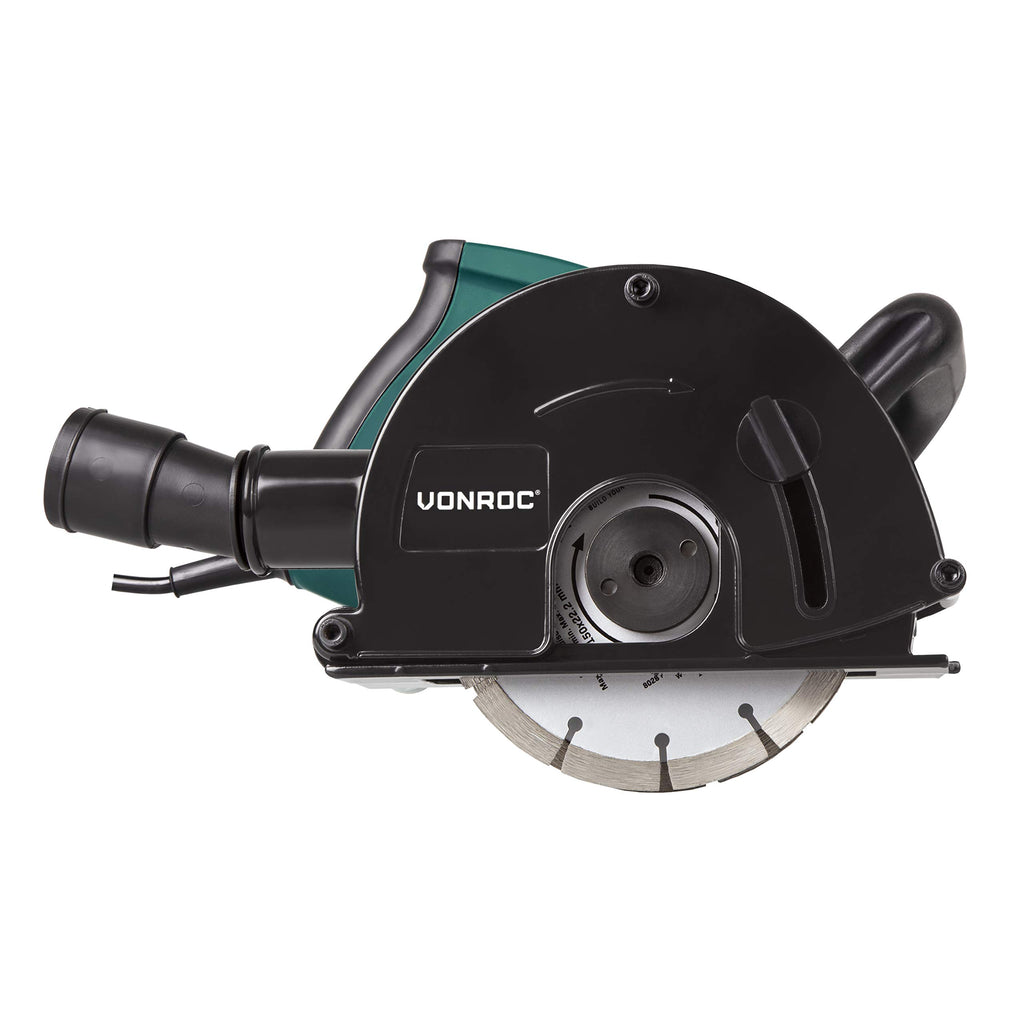 VONROC Schlitzfräse Mauernutfräse mit Absaugung [1700W] - Nutfräser für Kabelnut [14/19/29mm] - Schlitzmaschine 150mm mit Schnittiefe [4-40mm] inklusive 4 Diamantscheiben