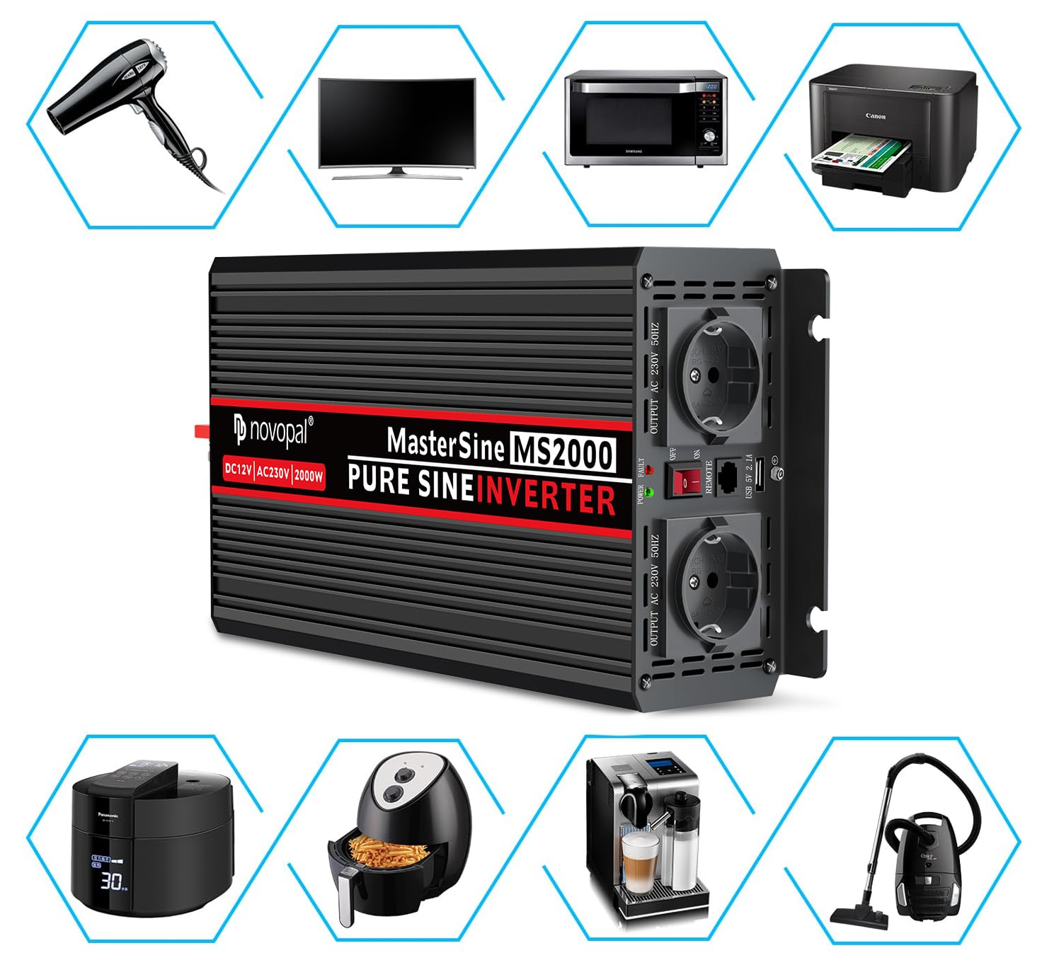 NOVOPAL 2000W/4000W Reiner Sinus Wechselrichter 12V auf 230V Spannungswandler mit 2 EU-Steckdose
