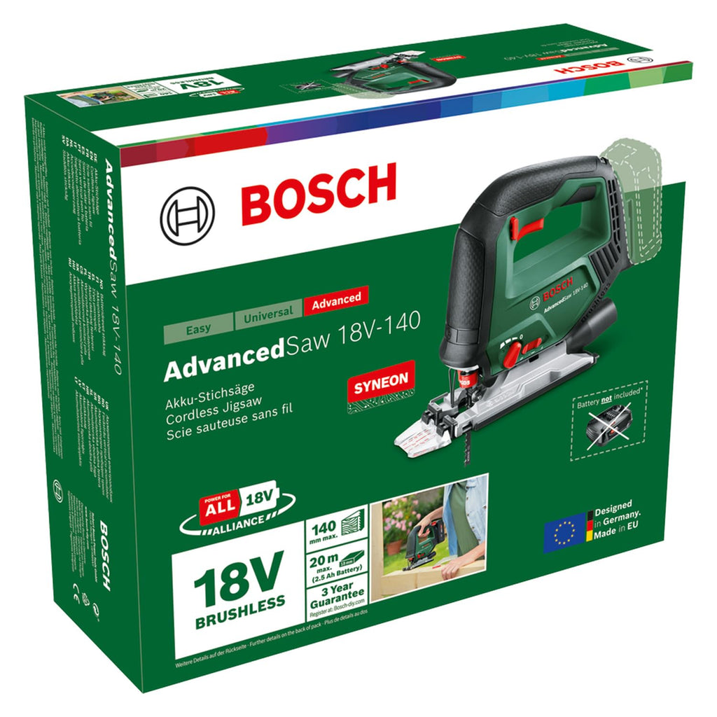Bosch Akku-Stichsäge AdvancedSaw 18V-140 (Pendelhub, bürstenloser Motor, Schnitttiefe Holz/Stahl/Alu 140 mm / 10 mm / 20 mm, 3 × Sägeblätter, 18-Volt-System, ohne Akku und Ladegerät, im Karton)