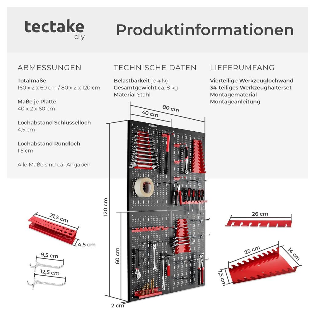 tectake® Werkzeug Lochwand aus Metall, 160 x 60 x 2 cm, Werkzeugwand Lochplatte, inkl. Werkzeughalter Set Haken und Halterungen, Wandregal Regalsystem für Werkbank, Garage, Werkstatteinrichtung - 4tlg
