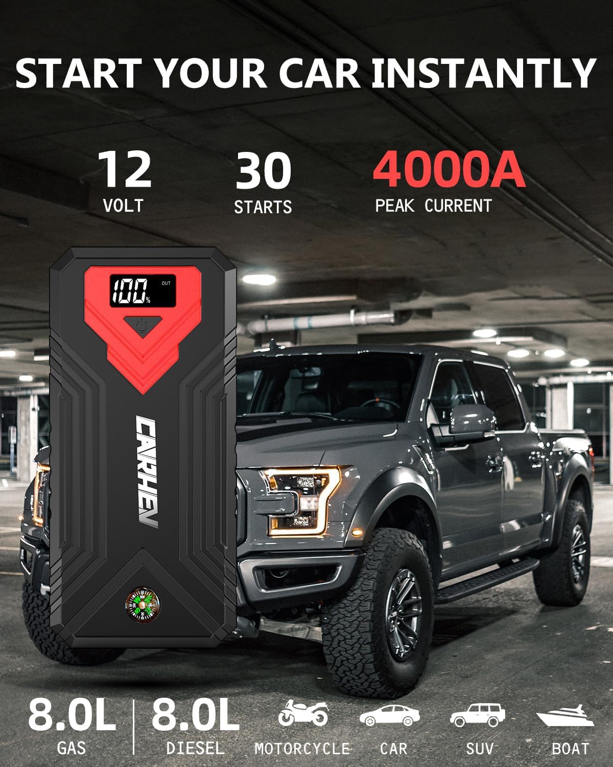 CARHEV Starthilfe Powerbank für pkw, 4000A Auto Starthilfe Powerbank (Bis Zu 8,0L Benzin Oder 8,0L Diesel), 12V Jump Starter Powerbank mit USB Schnellladung und LED Taschenlampe