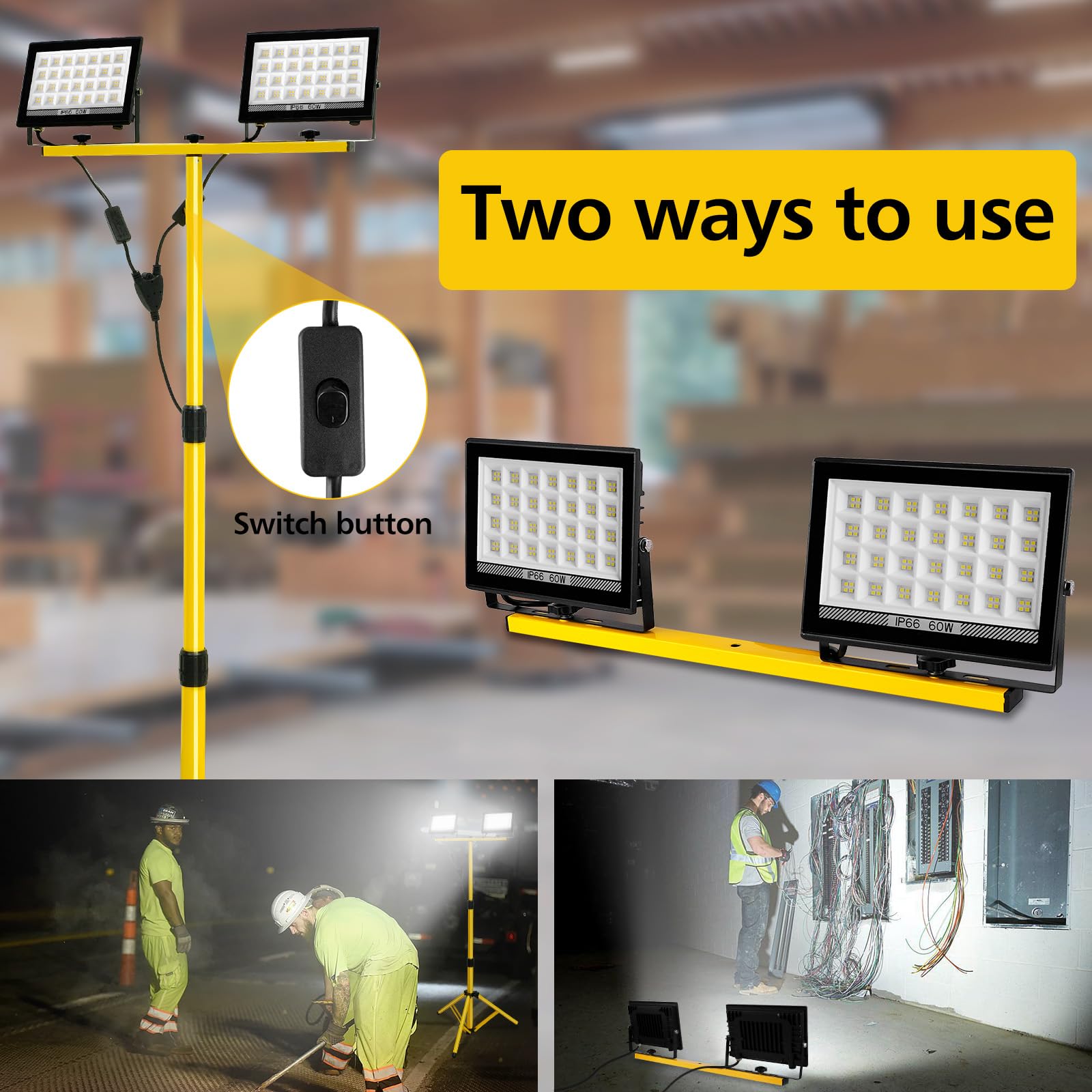 LED Baustrahler 2x60W mit Verstellbarer Stativ, T-SUN 6000K Kaltweiß LED Strahler Arbeitsstrahler mit 4M Kabel Stecker, Tragbar Baulampe Arbeitsscheinwerfer Wasserdicht IP66 für Werkstatt Garage