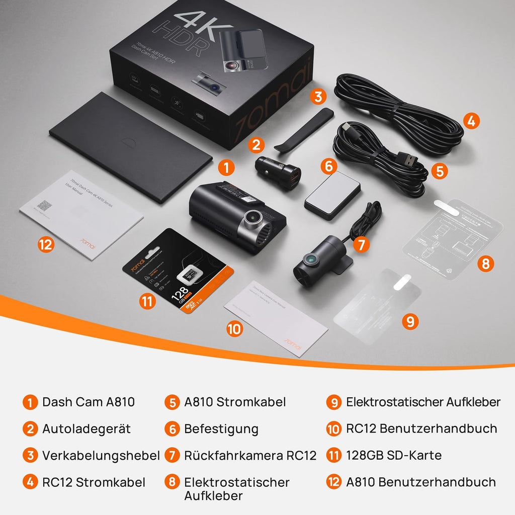 70mai 4K Dashcam A810, HDR Dual-Kanal Dash Cam mit 128GB SD-Karte, Sony STARVIS 2, Night Owl Vision, vorne und hinten 24/7 Parküberwachung, AI-Sensor, GPS, ADAS, WiFi&App Steuerung, bis zu 256GB