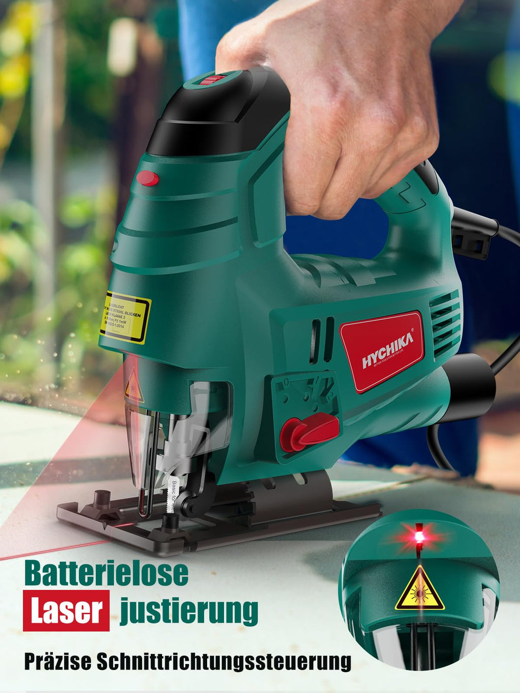 HYCHIKA Stichsäge, 800W Max Holz Schnitttiefe 110mm, 800-3000SPM Elektrische Stichsäge mit Laser, 7 Variable Geschwindigkeiten und 0-3 Orbital Position, 6 Blätter, Fasenschneiden: -45 °bis 45