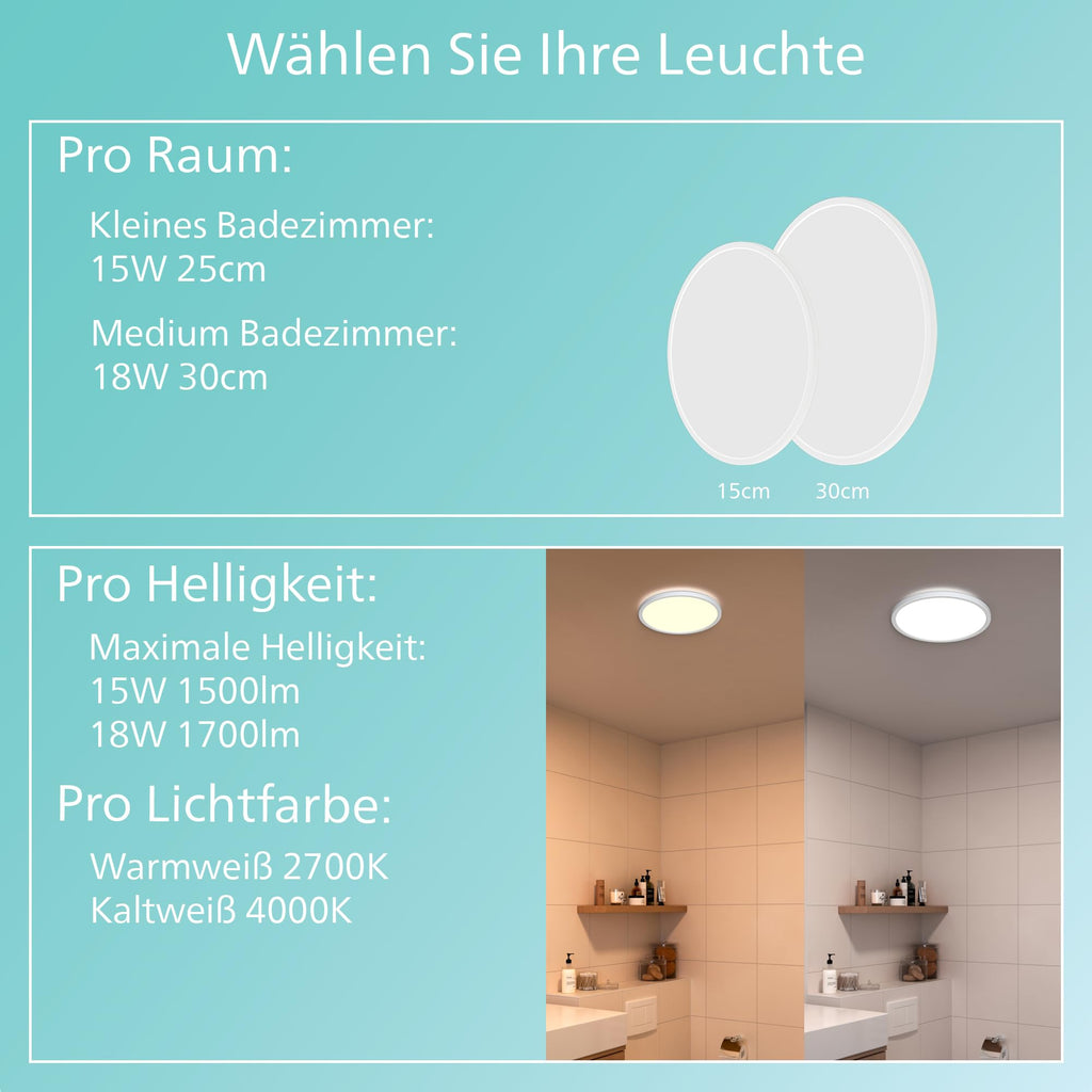 Philips LED Badezimmer Deckenleuchte Superslim (15 W), 3 Lichteinstellungen, kaltweiß Licht, dimmen ohne Dimmer, IP44 Schutz, weiß, 25cm