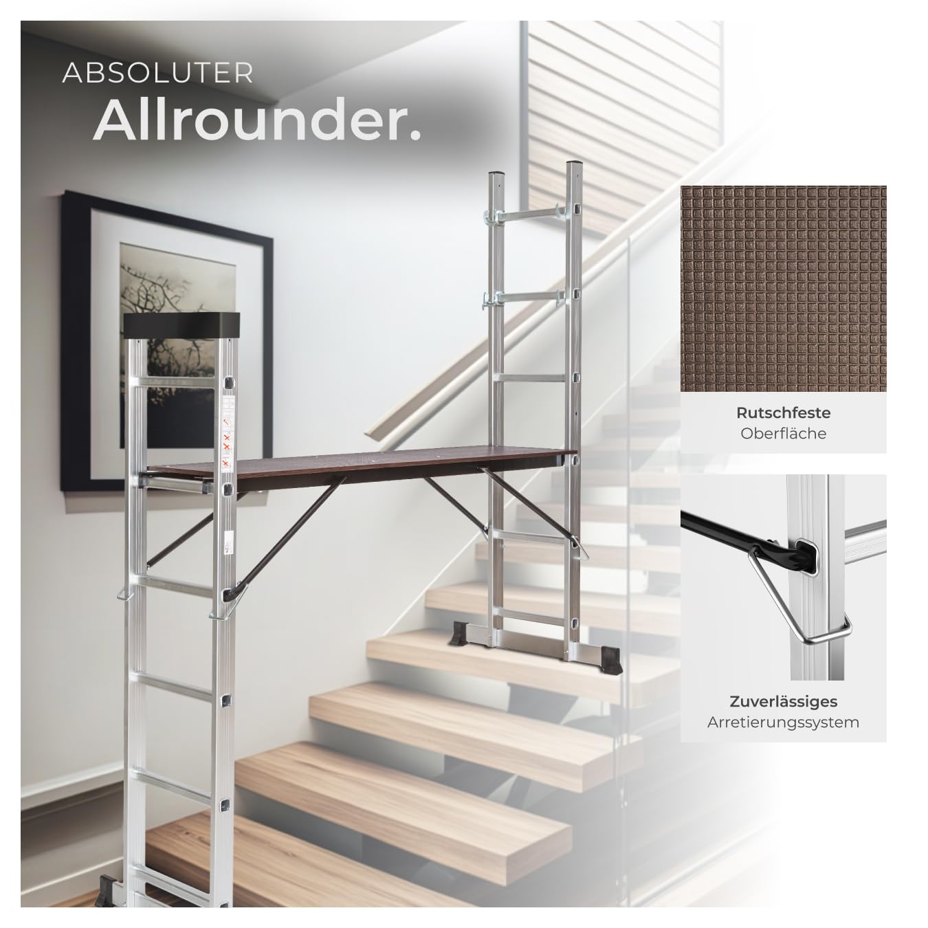 TecTake Gerüst, Leiter 4 in 1, Mobile Mehrzweckleiter, Arbeitsbühne, Baugerüst, Alu Gerüst, Rollgerüst mit Arbeitsplattform, Haushaltsleiter, belastbar bis max. 150 Kg - Silber