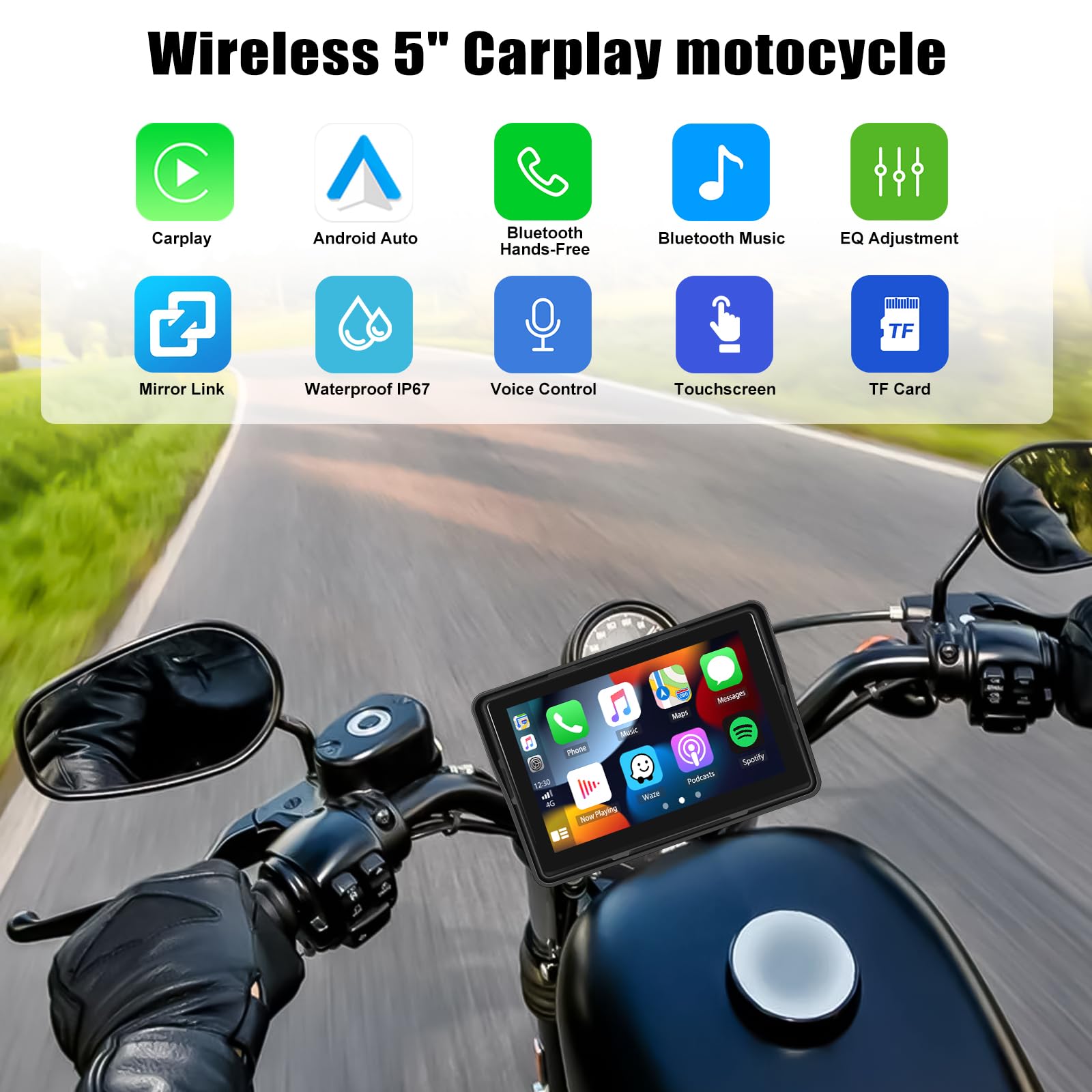 CAMECHO [2025 Carplay Motorrad Dash Navi Display für Moto, 5 Zoll HD-Touchscreen Wasserdicht Motorcycle Navigationsgeräte mit Wireless Carplay Android Auto Bluetooth GPS FM EQ Ton