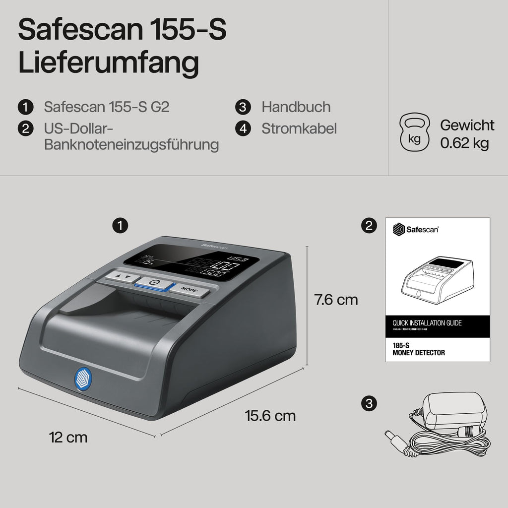 Safescan 185-S automatischer Geldscheinprüfer zur schnellen Überprüfung von Geldscheinen - Inklusive US Dollar - Falschgeldprüfgerät mit 7-facher Echtheitsprüfung - 100% genauer Geldscheinprüfer