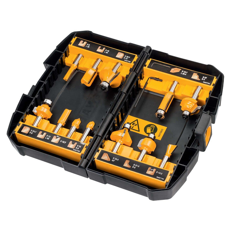 DEWALT 12-tlg. Hartmetall Fräser-Set (mit Anti Kickback Design, Premium Stahlkörper, HM Schneidplatten und austauschbarem Kugellager, inkl. Box) DT90016