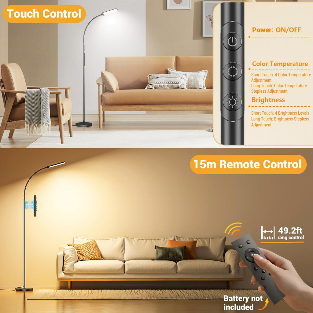 YICAIZI Stehlampe Wohnzimmer - 18W LED Dimmbar Stehende Lampe mit Fernbedienung, 1200Lumen Stehend Leselampe mit 4 Farbtemperaturen & 4 Helligkeiten für Schlafzimmer, Büro, Schwarz