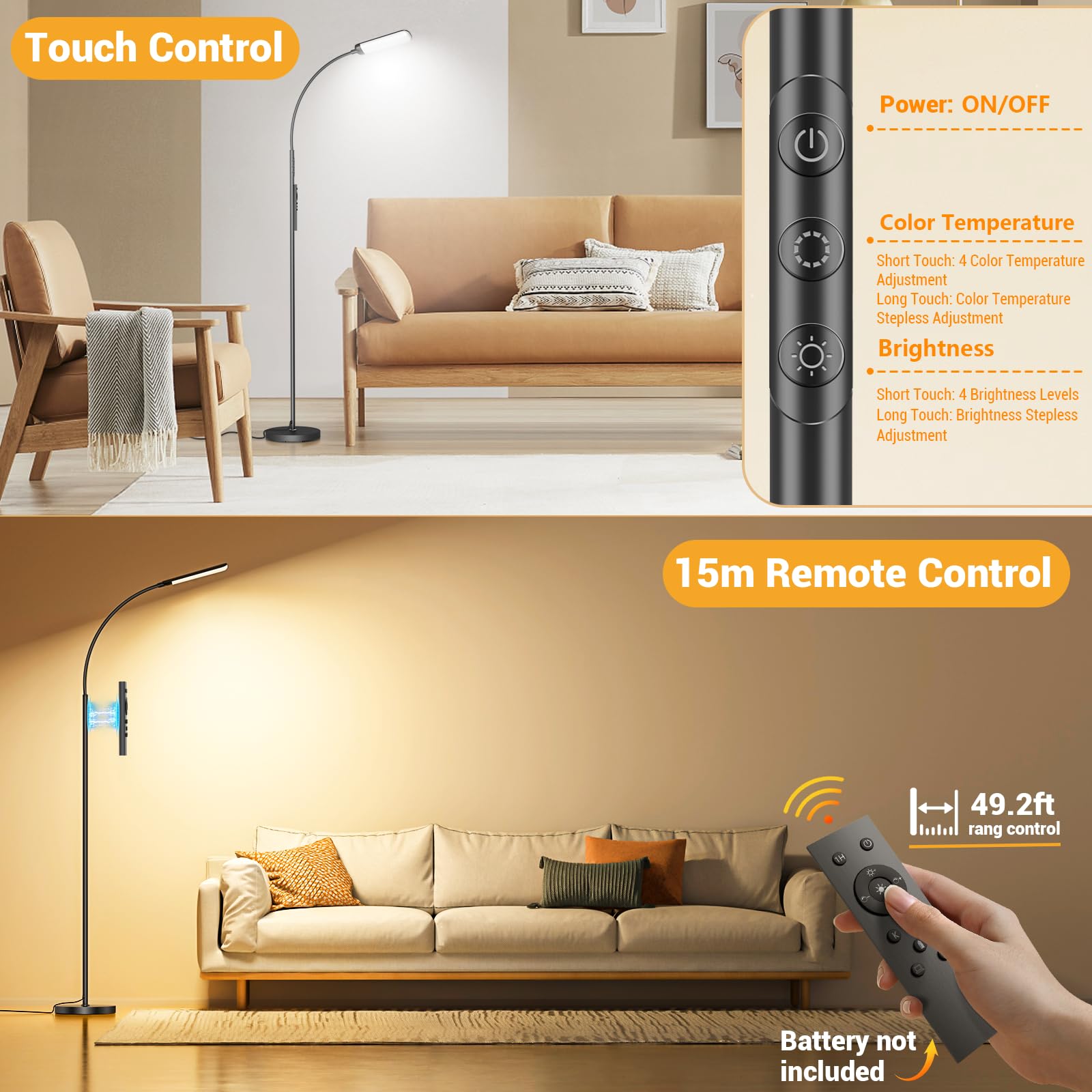 YICAIZI Stehlampe Wohnzimmer - 18W LED Dimmbar Stehende Lampe mit Fernbedienung, 1200Lumen Stehend Leselampe mit 4 Farbtemperaturen & 4 Helligkeiten für Schlafzimmer, Büro, Schwarz
