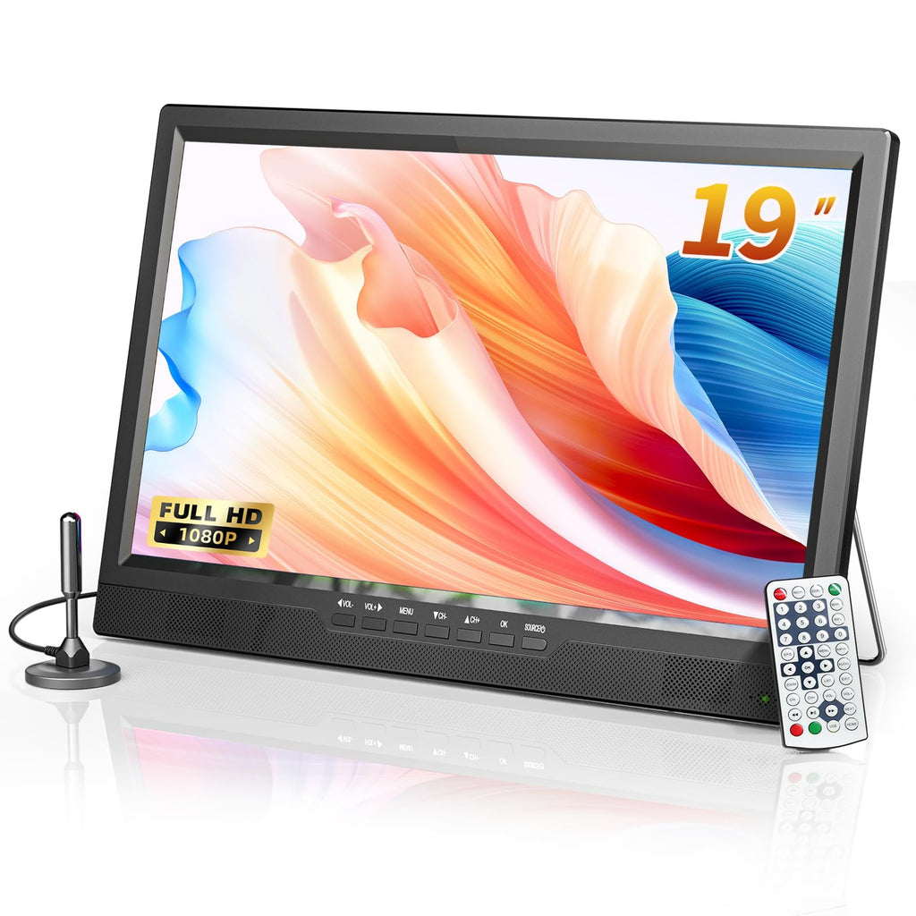 DESOBRY 19-Zoll Fernseher, 1080P Kleiner Fernseher DVB-T2-Tuner mit Antenne, Wiederaufladbarer TV HDMI AV USB Eingang, Tragbarer 12V TV für Camping, Wohnmobil, küchen