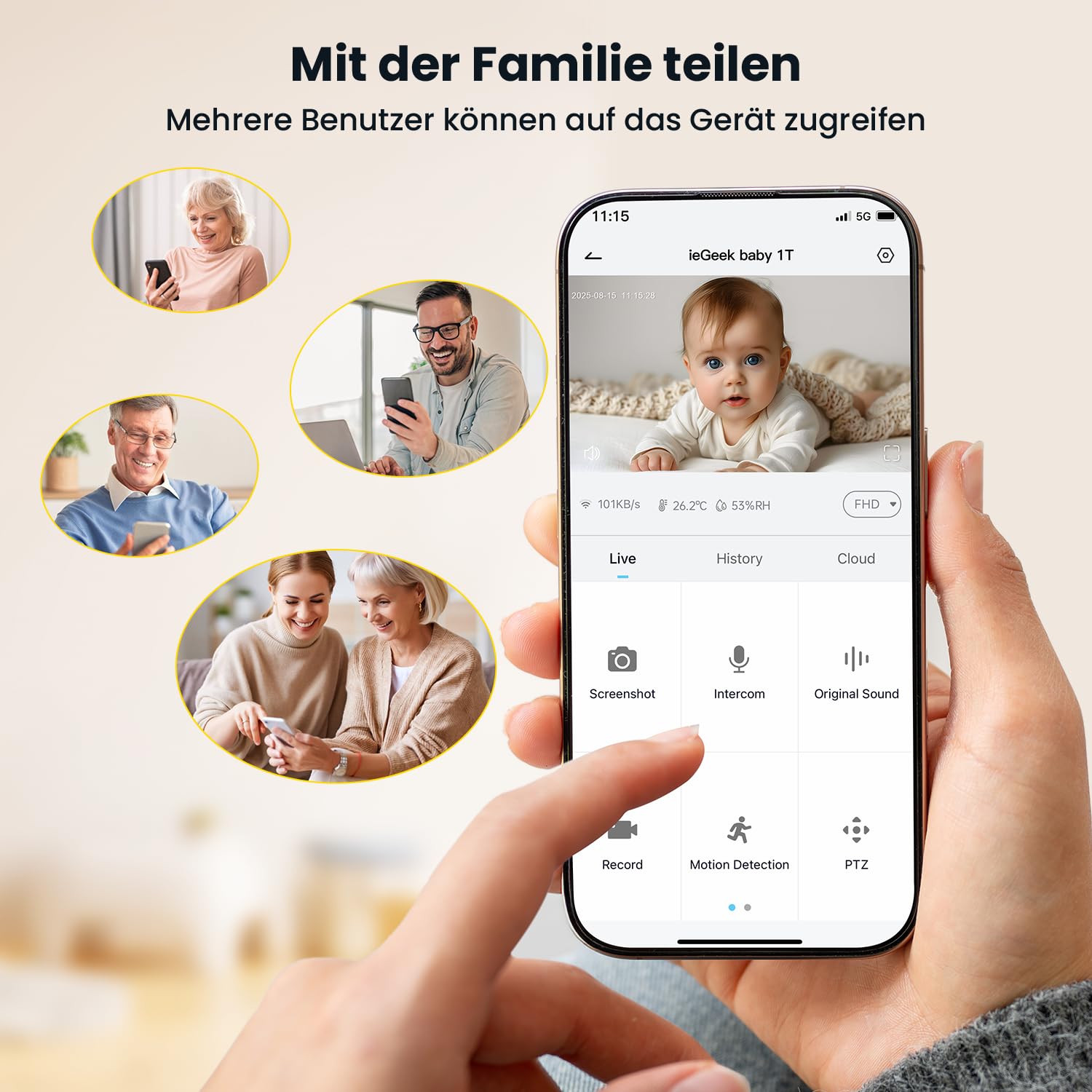 ieGeek 2K-Babyphone mit Kamera und Nachtsicht, 5-Zoll-WLAN-Video-Babyfon, Gegensprechfunktion, Schrei-/Bewegungserkennung, Temperaturerkennung, PTZ, Mobile App