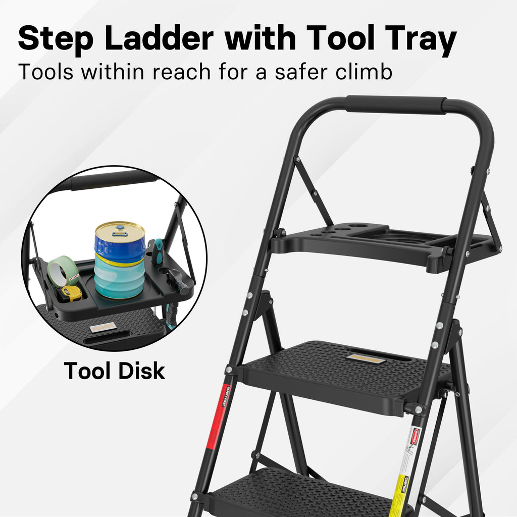 BONTEC Trittleiter 4 Stufen Klappbar, 150kg Kapazität mit Breiten Anti-Rutsch-Pedalen, Faltbarer Stahl-Tritthocker, Schwamm-Lenker, Zuhause, Speisekammer, Innen- und Außenbereich, Schwarz