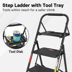 BONTEC Trittleiter 4 Stufen Klappbar, 150kg Kapazität mit Breiten Anti-Rutsch-Pedalen, Faltbarer Stahl-Tritthocker, Schwamm-Lenker, Zuhause, Speisekammer, Innen- und Außenbereich, Schwarz