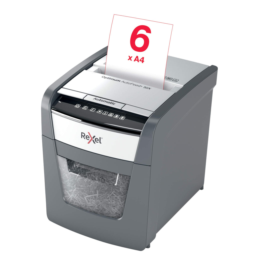 Rexel Optimum AutoFeed+ 50X Automatischer Aktenvernichter, 50 Blatt automatisch, Sicherheitsstufe P4, Partikelschnitt, für Zuhause / Home Office, 20 Liter Abfallbehälter, 2020050XEU