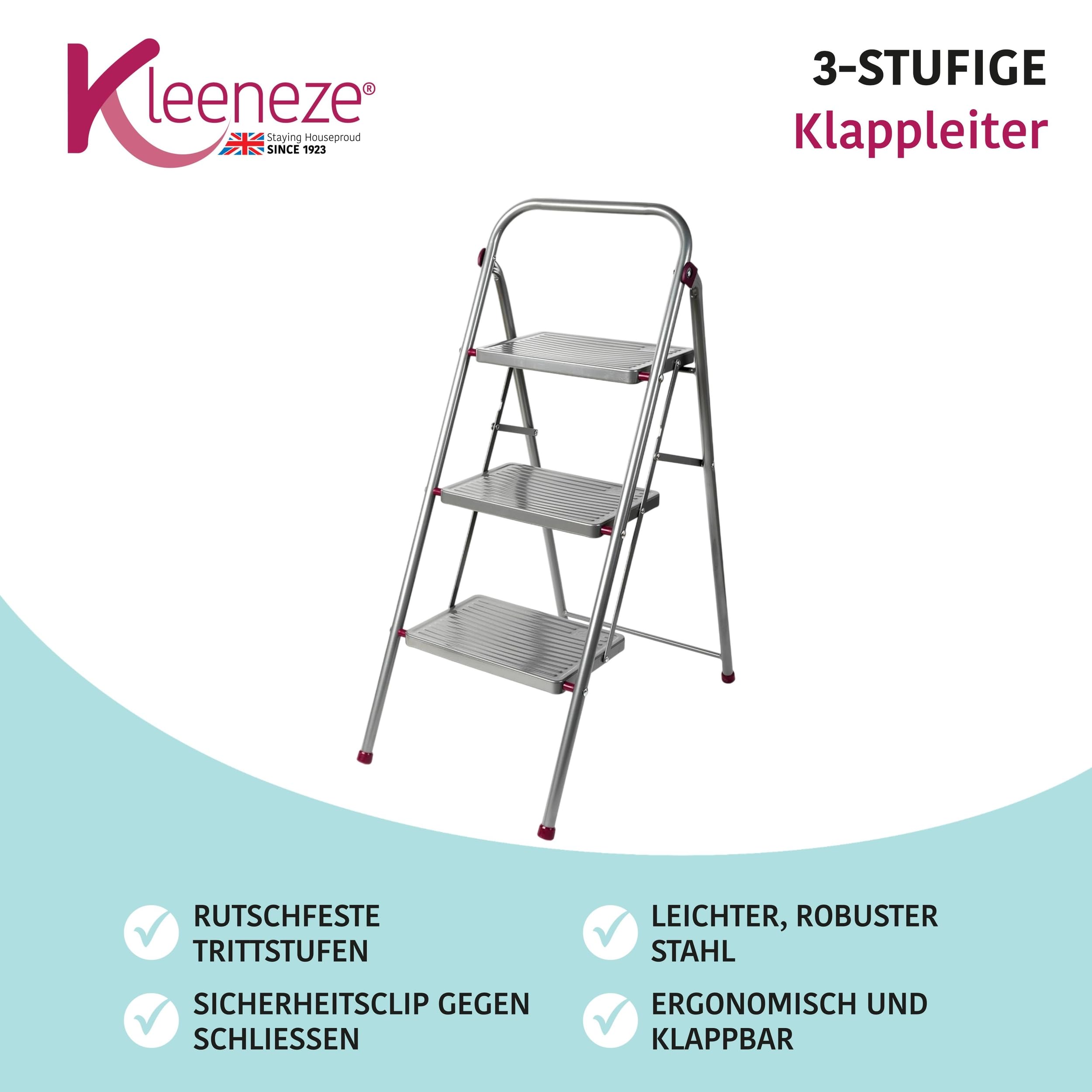 Kleeneze zusammenklappbare 3-stufige Trittleiter, leichte Klappleiter für Heimwerker, sicheres Arbeiten, rutschfeste Trittstufen, robuster Stahl, Sicherheitsclip, 105 cm, rosa/grau, Tragkraft 150 kg