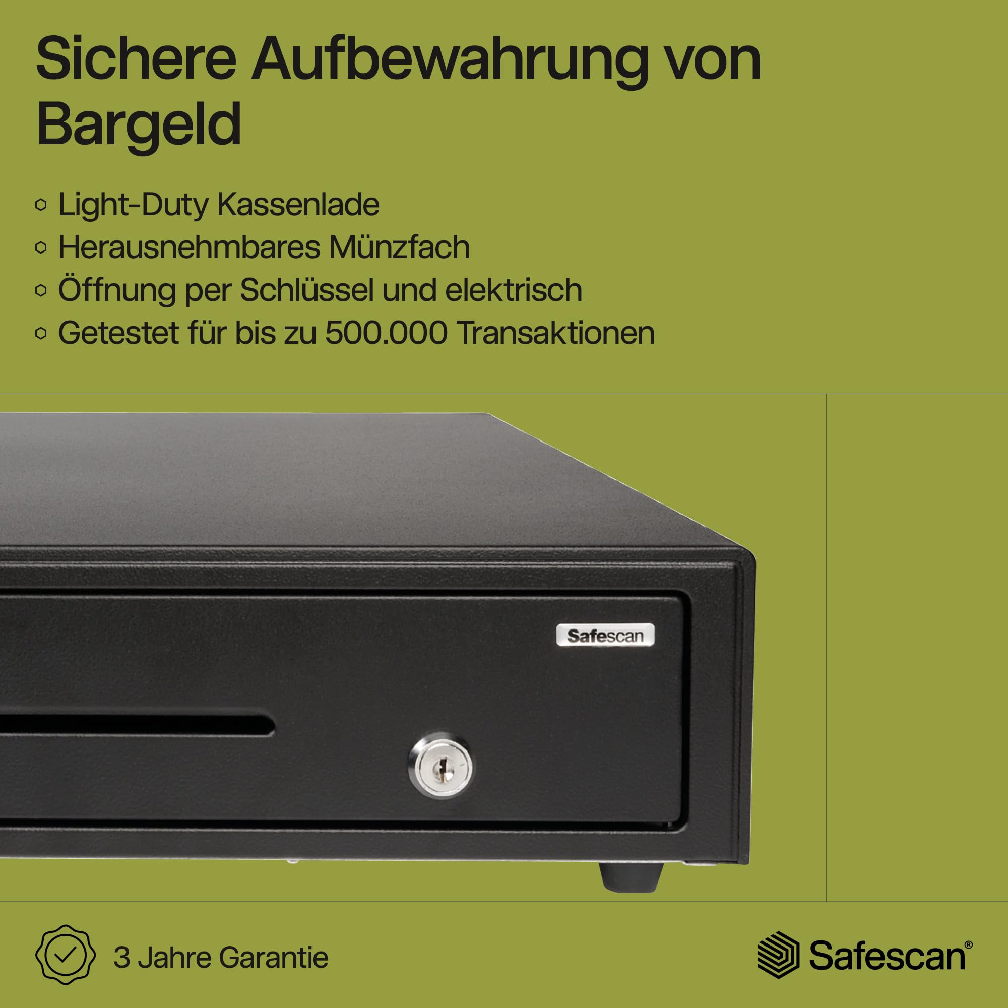 Safescan LD-3336 Light-Duty Kassenschublade mit 3 Fächern für Banknoten und 8 für Münzen - Kassenlade mit RJ-12 Anschluss (z.B. Registrierkasse) - Kompakte Kassenschublade von 33 x 36 x 10 cm