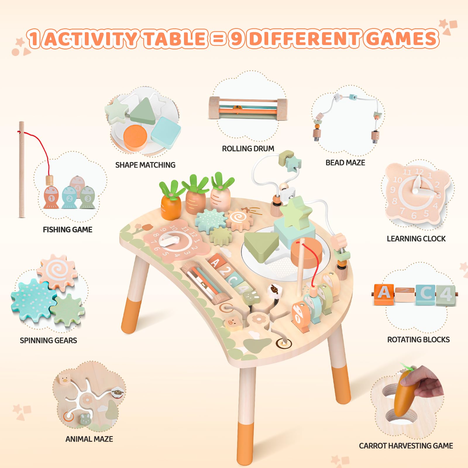 Holz-Aktivitätstisch für Kinder, Baby Montessori Spielzeug 9-in-1 Spieltisch ab 1 2 3 Jahr, Kinderspielzeug Holzspielzeug Activity Tisch ab 12+ Monate, Eburtstag Weihnachten Geschenk 1+ Jahr