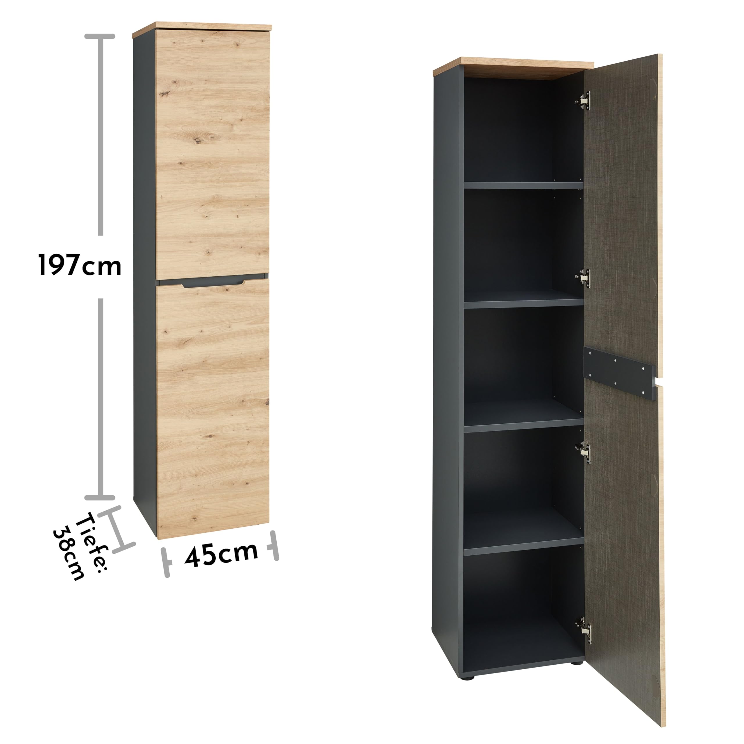 MEMPHIS Aktenschrank in Artisan Eiche Optik, Graphit - Moderner Büroschrank - 45 x 197 x 38 cm (B/H/T)