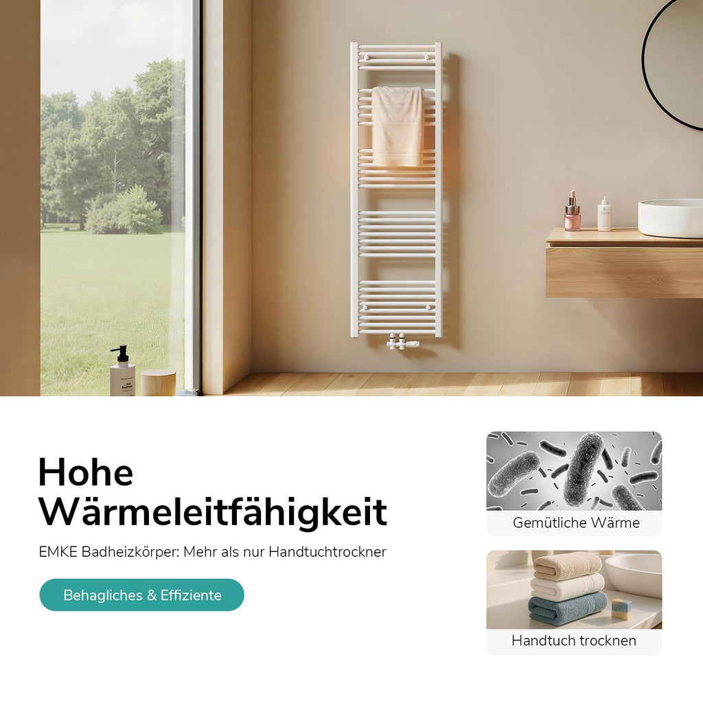 EMKE Badheizkörper Gerade 1800x600 mm - Handtuchheizkörper mit Mittelanschluss, Effizienter Handtuchwärmer Handtuchtrockner Heizkörper für Bad, Weiß, 860W