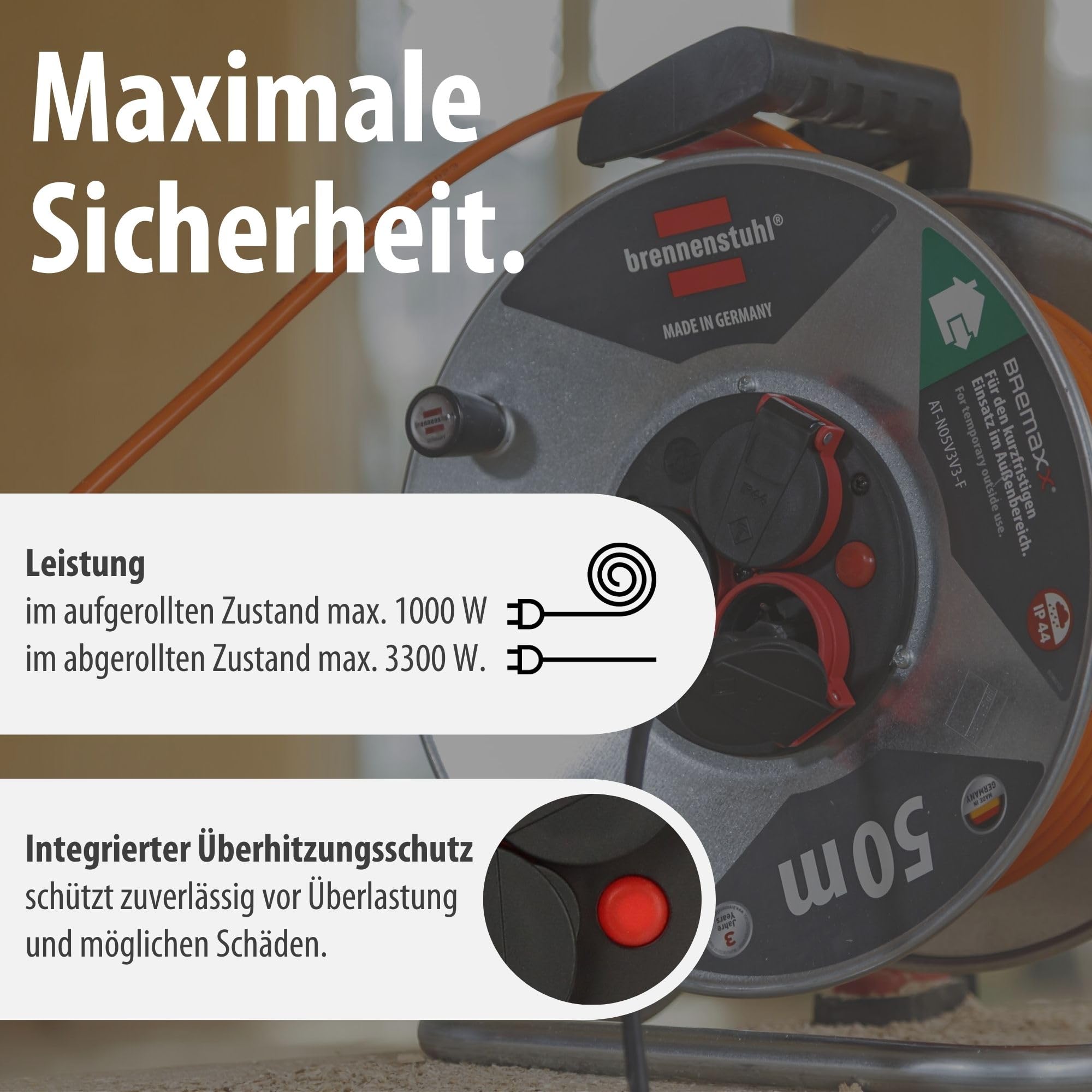 Brennenstuhl Garant S V2 IP44 Kabeltrommel 50m outdoor (Made in Germany, Kabel in Signalfarbe orange, Stahlblech, kurzfristiger Einsatz im Außenbereich)