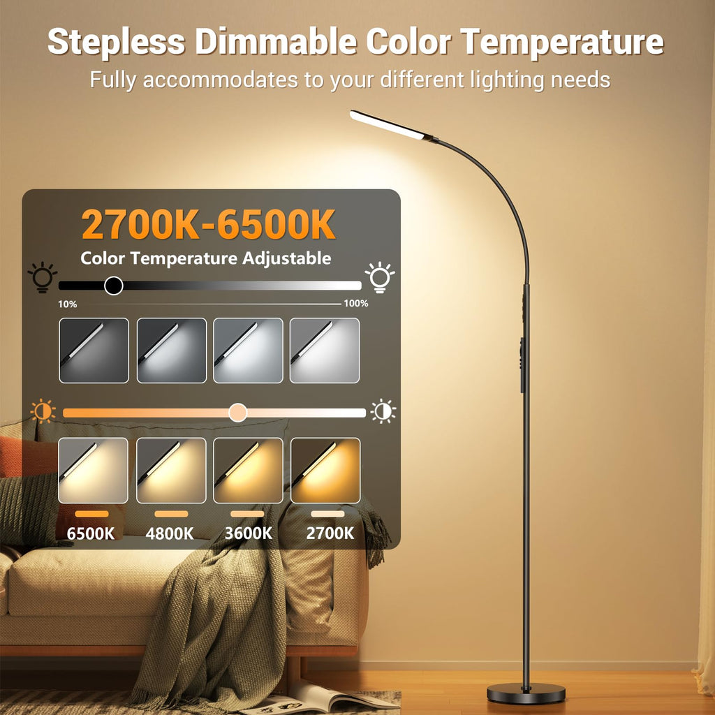 YICAIZI Stehlampe Wohnzimmer - 18W LED Dimmbar Stehende Lampe mit Fernbedienung, 1200Lumen Stehend Leselampe mit 4 Farbtemperaturen & 4 Helligkeiten für Schlafzimmer, Büro, Schwarz