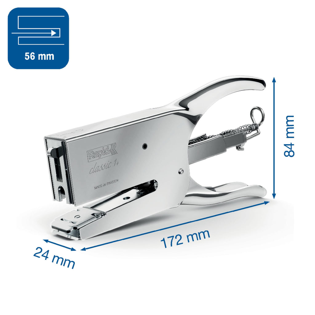 Rapid Classic K1+ Heftzange für Heftklammern Nr. 24 (24/6 und 24/8+), einstellbarer Amboss und Rücklademechanismus, ClimatePartner-zertifiziert – Büro, Haushalt, DIY, Einzelhandel, Chrom, 10510602