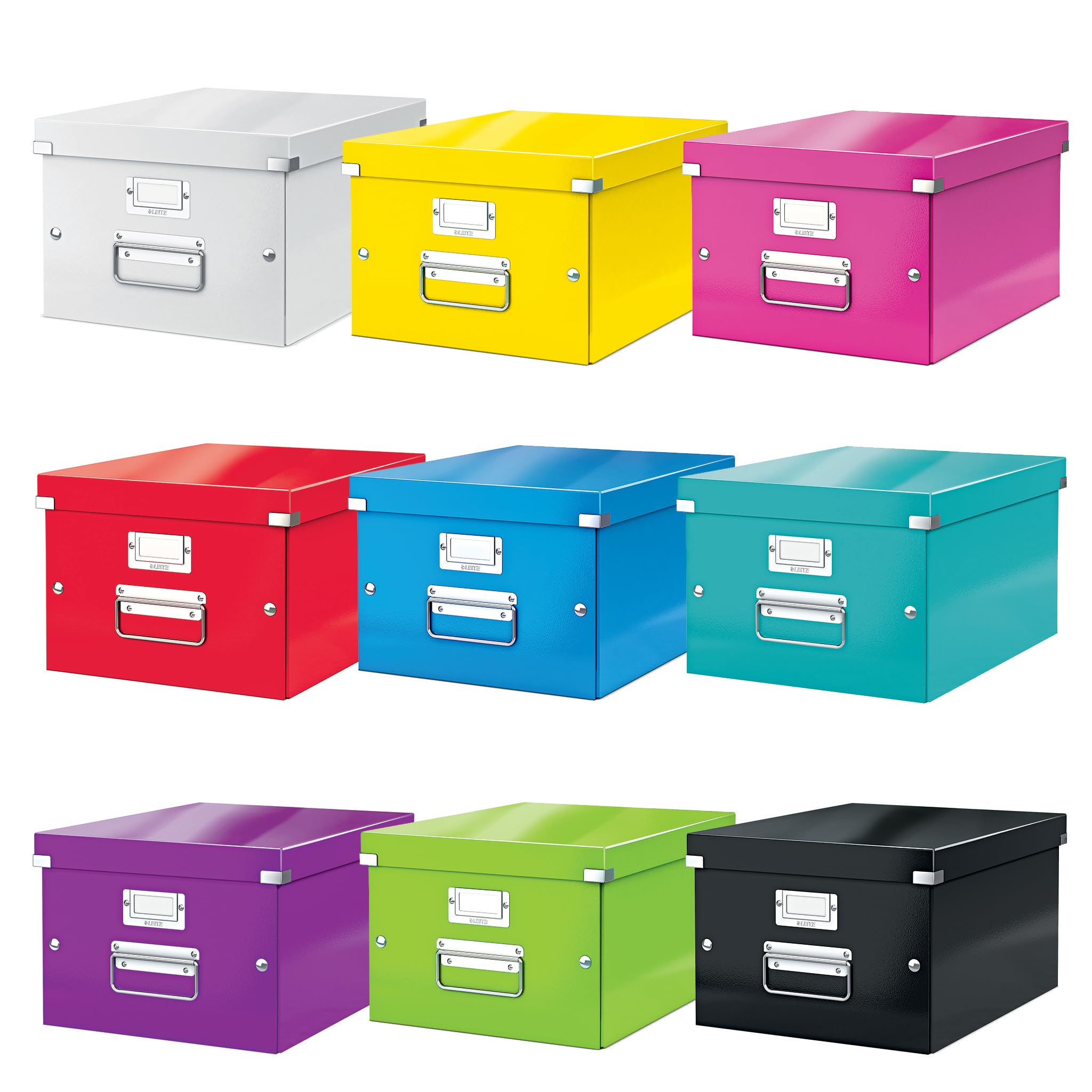 Leitz Click & Store Aufbewahrungsbox mit Deckel Mittel-Groß, Box für Unterlagen bis A4 im Büro u. Haushalt, Transportbox aus 85 % recycelter Premium-Hartpappe, Stabile Metallgriffe, Gelb, 60440016