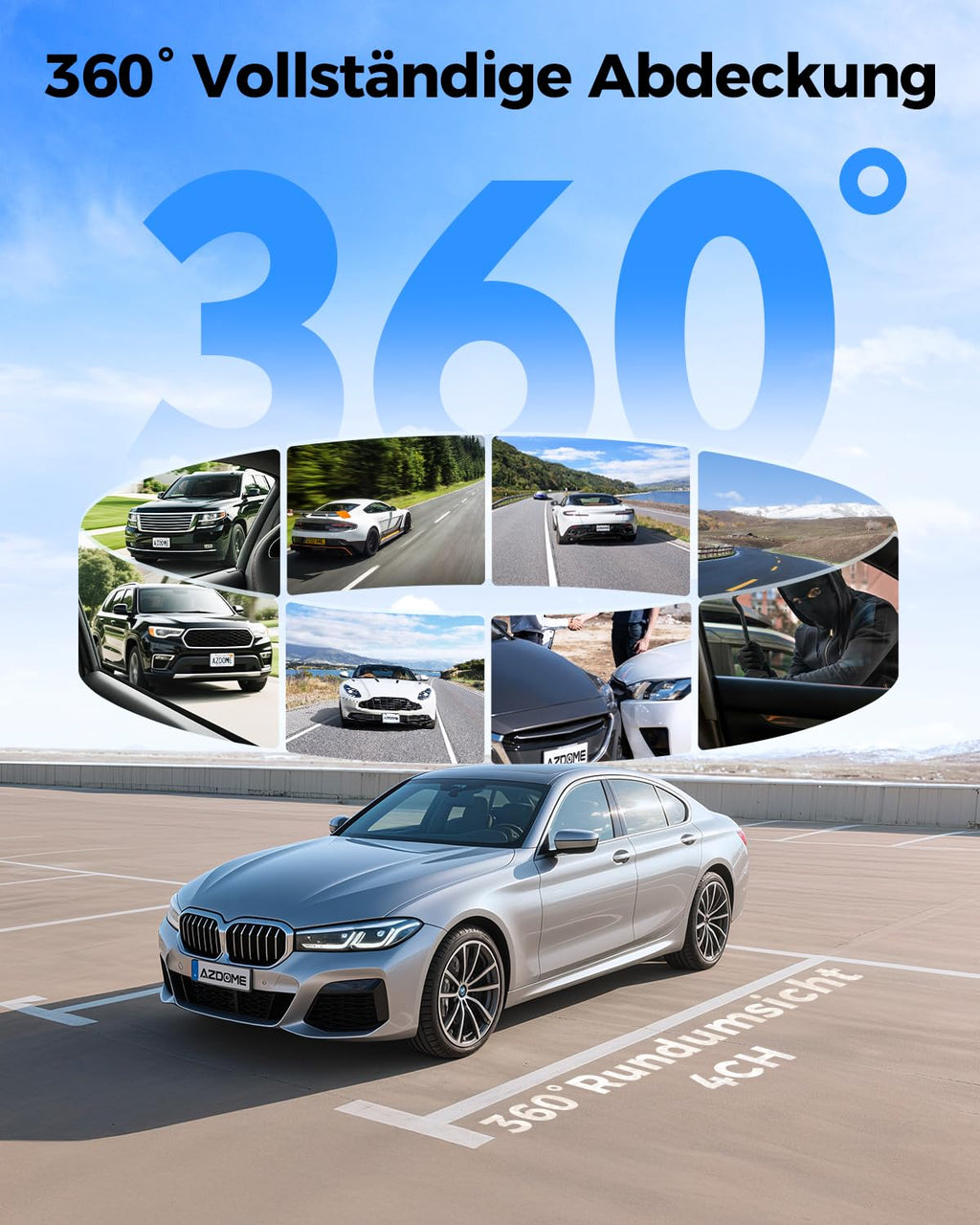 AZDOME 4 Kanal 4K dashcam Auto 360 Grad mit 128GB eMMC, 2.5K+3 * 1080P Dashcam, 5G WiFi, Sprachsteuerung Dashcam Auto Vorne Hinten, IR Nachtsicht, Parkmodus, Erinnerung bei Müdigkeit am Steuer