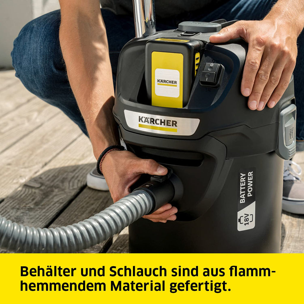 Kärcher 18 V Akku-Asche-Trockensauger AD 2 Akku ideal für die Reinigung von Kamin- Pelletöfen, flammhemmendes Material, 1-teiliger Filter, Saugschlauch, Behältergröße: 14 l, Leistung: 230 W, Schwarz