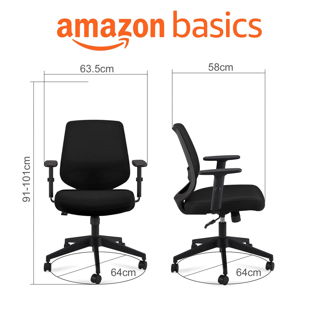 Amazon Basics Ergonomischer Bürostuhl, Schreibtischstuhl mit verstellbaren Armlehnen, Lendenwirbelstütze, Chefsessel aus Mesh-Gewebe, rückenfreundlich, einfache Montage, 63,5 x 58,4 x 91,4 cm, schwarz