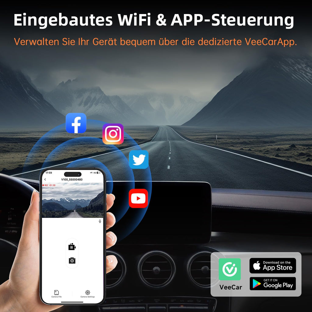 Dashcam Auto Vorne Hinten 4K+1080P, Dash Cam Auto mit GPS WiFi, Parküberwachung, Dual Autokamera mit 32GB Karte, 170° Weitwinkel, Super Nachtsicht, G-Sensor, Loop-Aufnahme, APP Steuerung, Max 256GB
