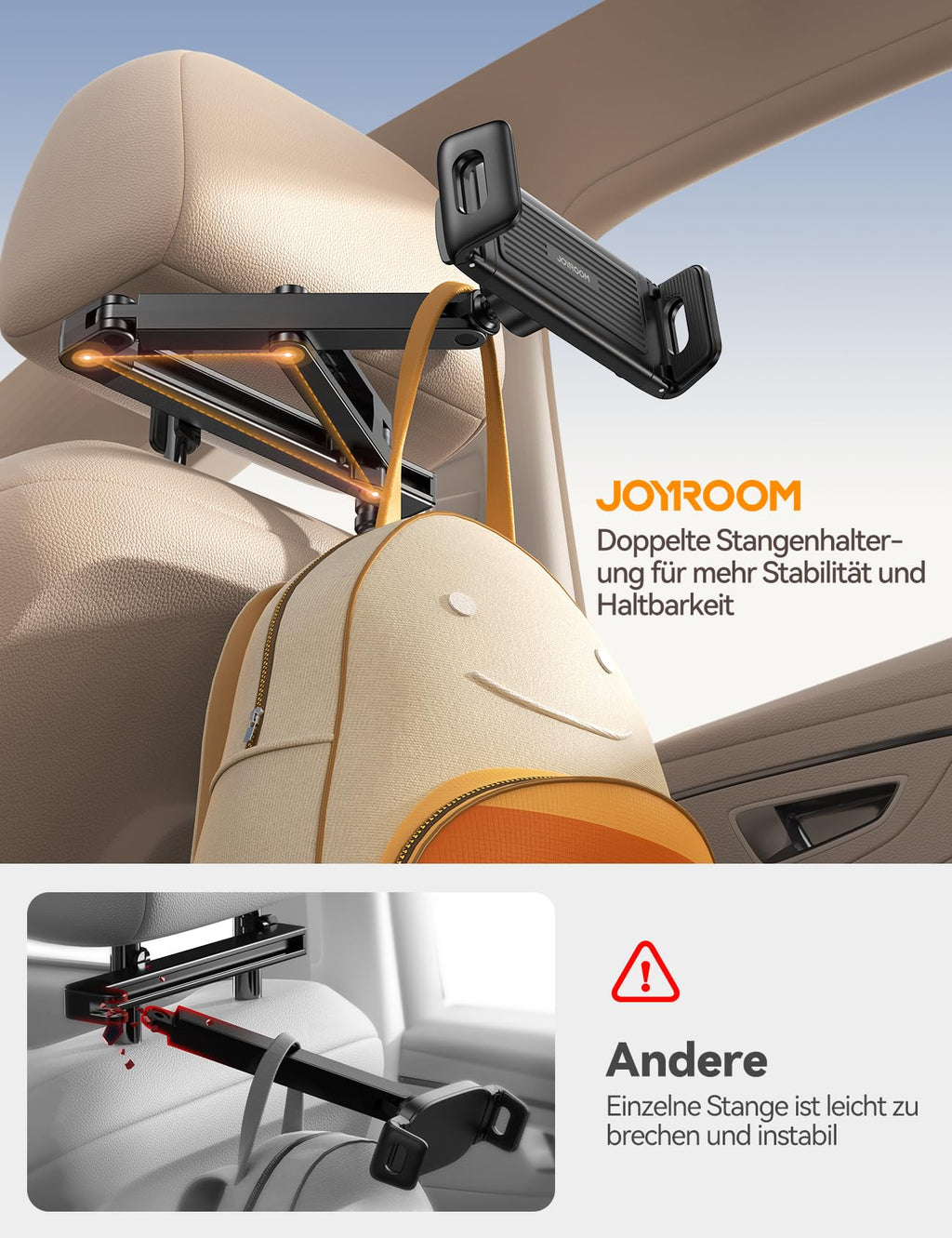 JOYROOM Tablet Halterung Auto [Stabilisierende dreieckige Struktur] iPad Halterung Auto mit Doppeltem Gestänge Klapparm Tablet Halterung Auto Kopfstütze für iPad/Switch/Phone 4.7-13 Bildschirm Geräte