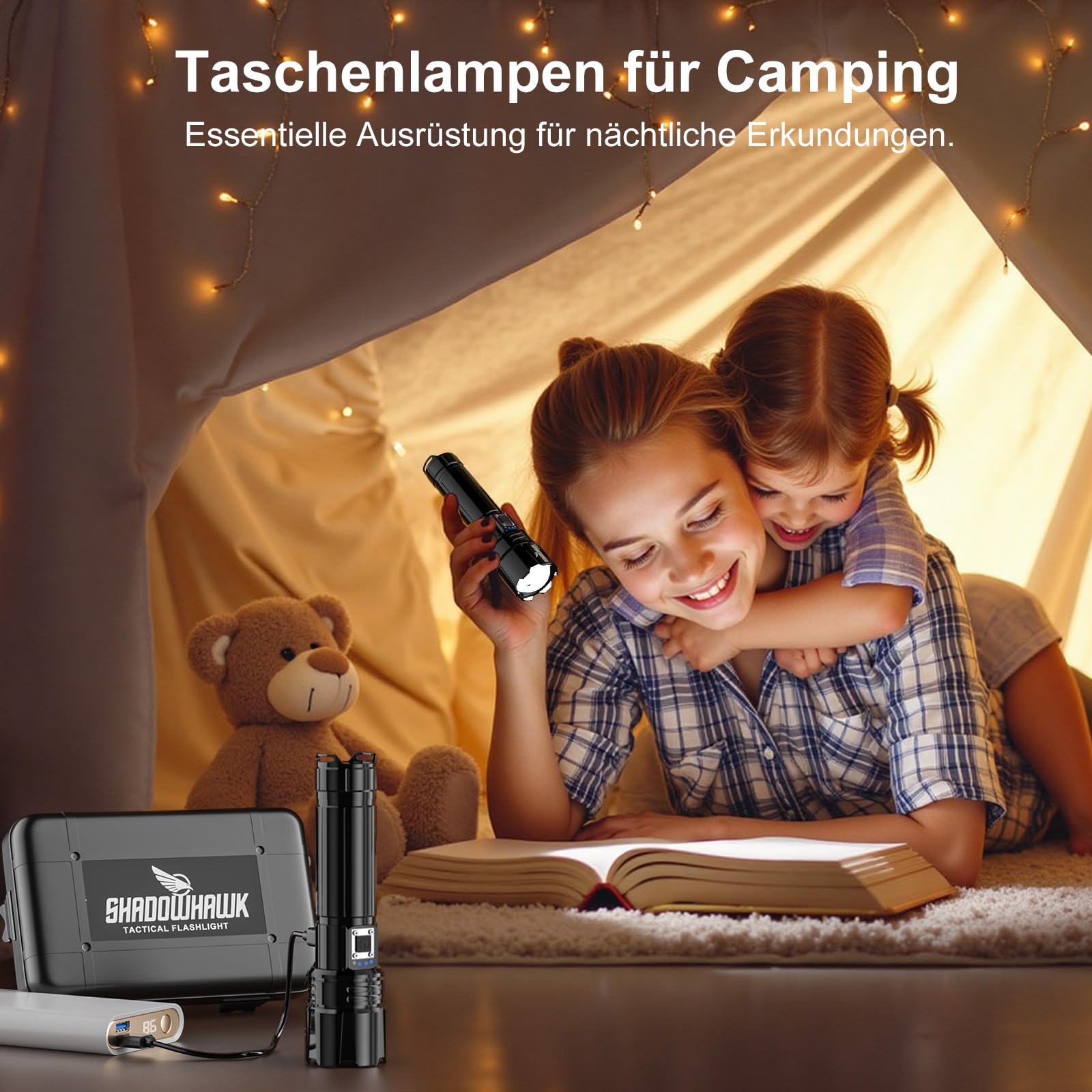 Shadowhawk Taschenlampe Led 500000 Lumen, Extrem Hell Taschenlampe USB Aufladbar Taktische Taschenlampen Mit holster XHP70.2, IP67 Wasserdicht 5 Lichtmodi für Camping Wandern Notfälle