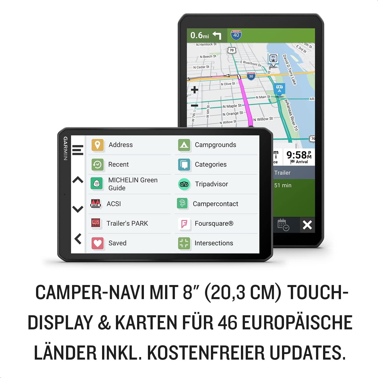Garmin Camper 895 MT-D EU – Navigationsgerät mit 8“ (20,3 cm) Display für Wohnmobile, vorinstallierten 3D-Karten für Europa & Südafrika, Verkehrsinfos in Echtzeit, Campingplatz-Datenbank, Schwarz