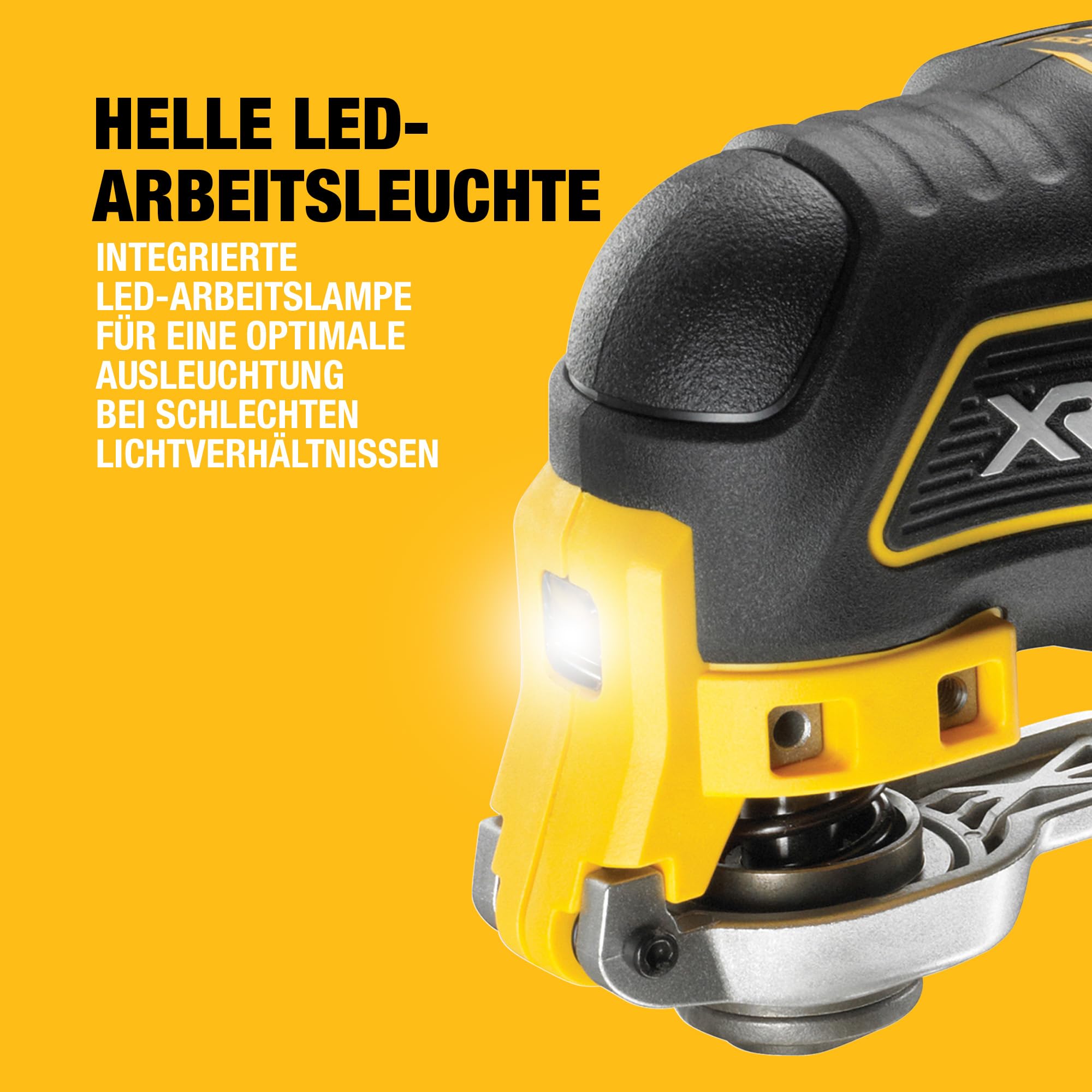 DEWALT 18 Volt ozillierendes Akku-Multi-Tool DCS355N-XJ (bürstenloser Motor, LED-Lampe, großer Auslöseschalter, 30-tlg. Zubehör-Set für Schleif- und Sägeanwendungen, Lieferung ohne Akku und Ladegerät)