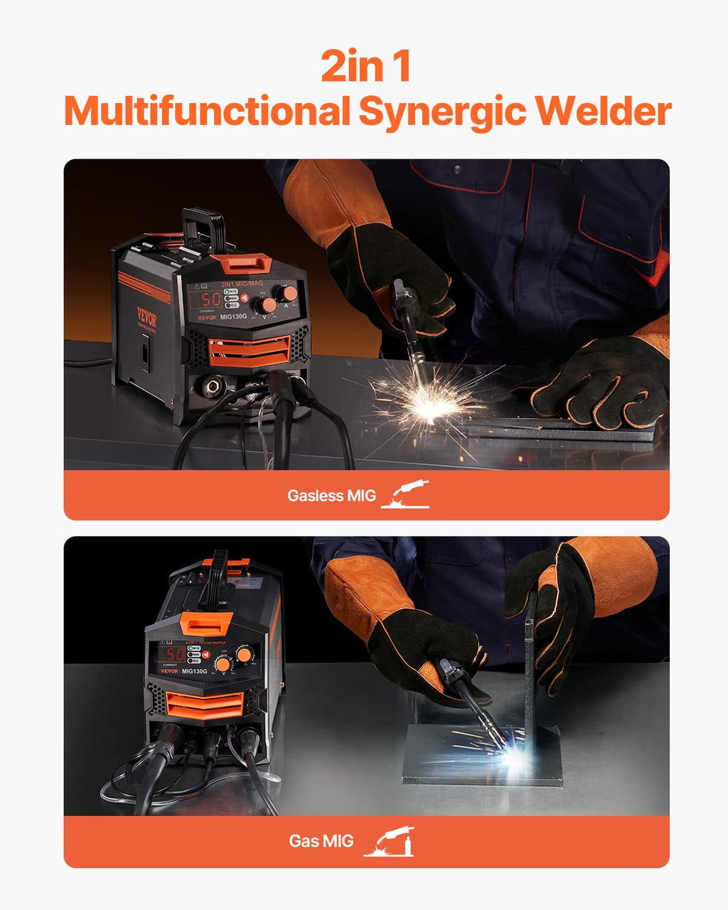 VEVOR MIG-Schweißgerät, 130 A synergetische MIG-Schweißmaschine, 2-in-1-Gas-MIG/gasloses MIG-Fülldraht-Mehrprozessschweißer, MIG-Welder mit IGBT-Wechselrichtertechnologie & digitalem Anzeigebildschirm