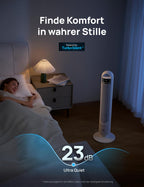 Dreo 23dB Leiser Turmventilator, Ventilator mit Kühlung, Fernbedienung für Schlafzimmer, Tower Fan mit 4 Geschwindigkeiten, 3 Modi, 9,8 m Windreichweite, 8H Timer, 90° Oszillierend für Wohnzimmer